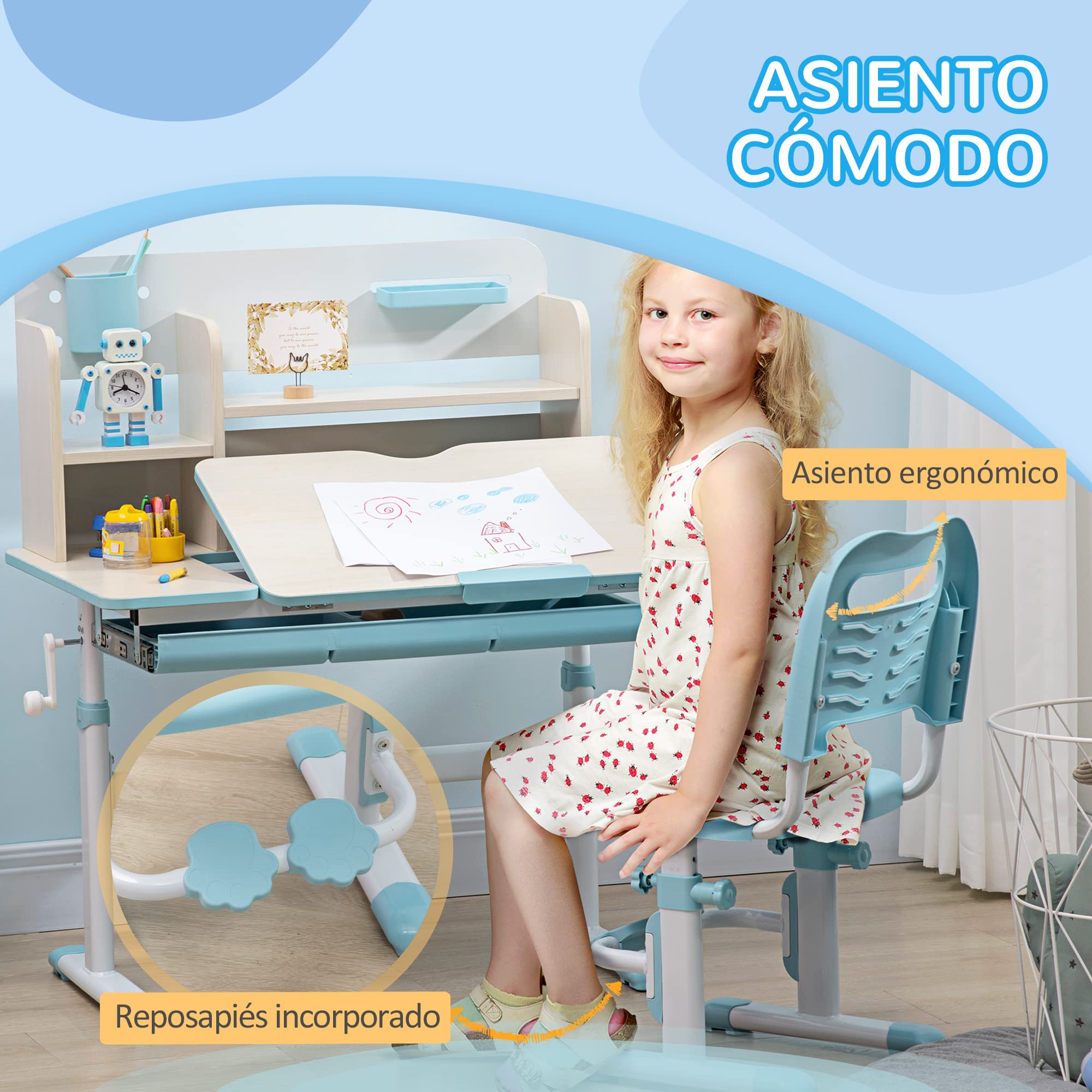 Homcom Bureau Enfant Réglable Hauteur Plateau Inclinable Tiroir Étagère Livres 80x52x88-109 cm Bleu
