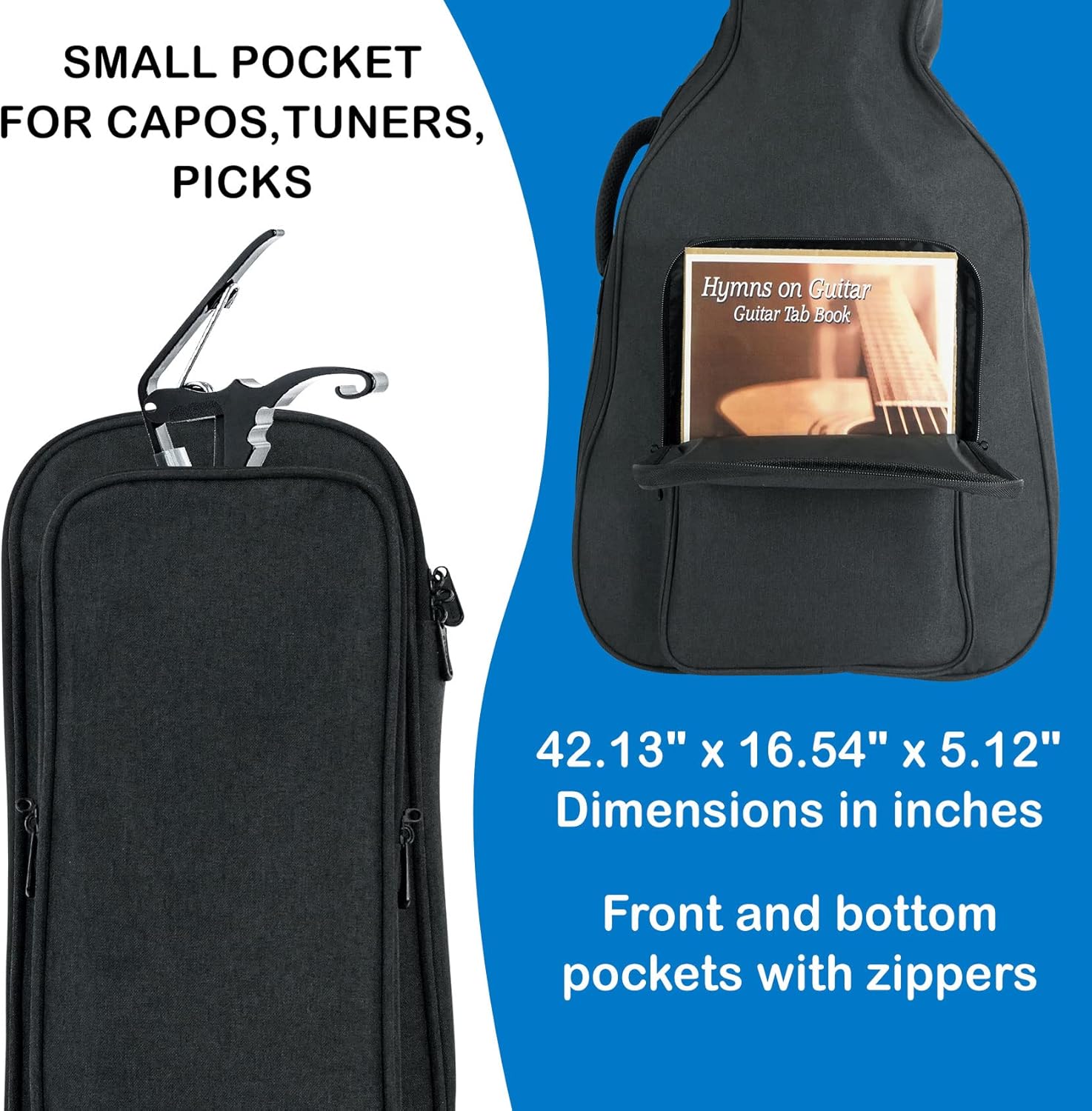 Rockville AGB45-BK Padded Acoustic Guitar Gig Bag with Neck Support, Weather-Resistant, Multiple Pockets