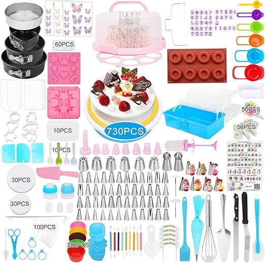 Cake Decorating Kit, 730 Pcs Cake Pop Kit Cake Decorating Supplies with Cake Carrier Holder Springform Pan Sets Toolbox Organizer Turntable Piping Bags Tips Chocolate Molds for Beginner Professional