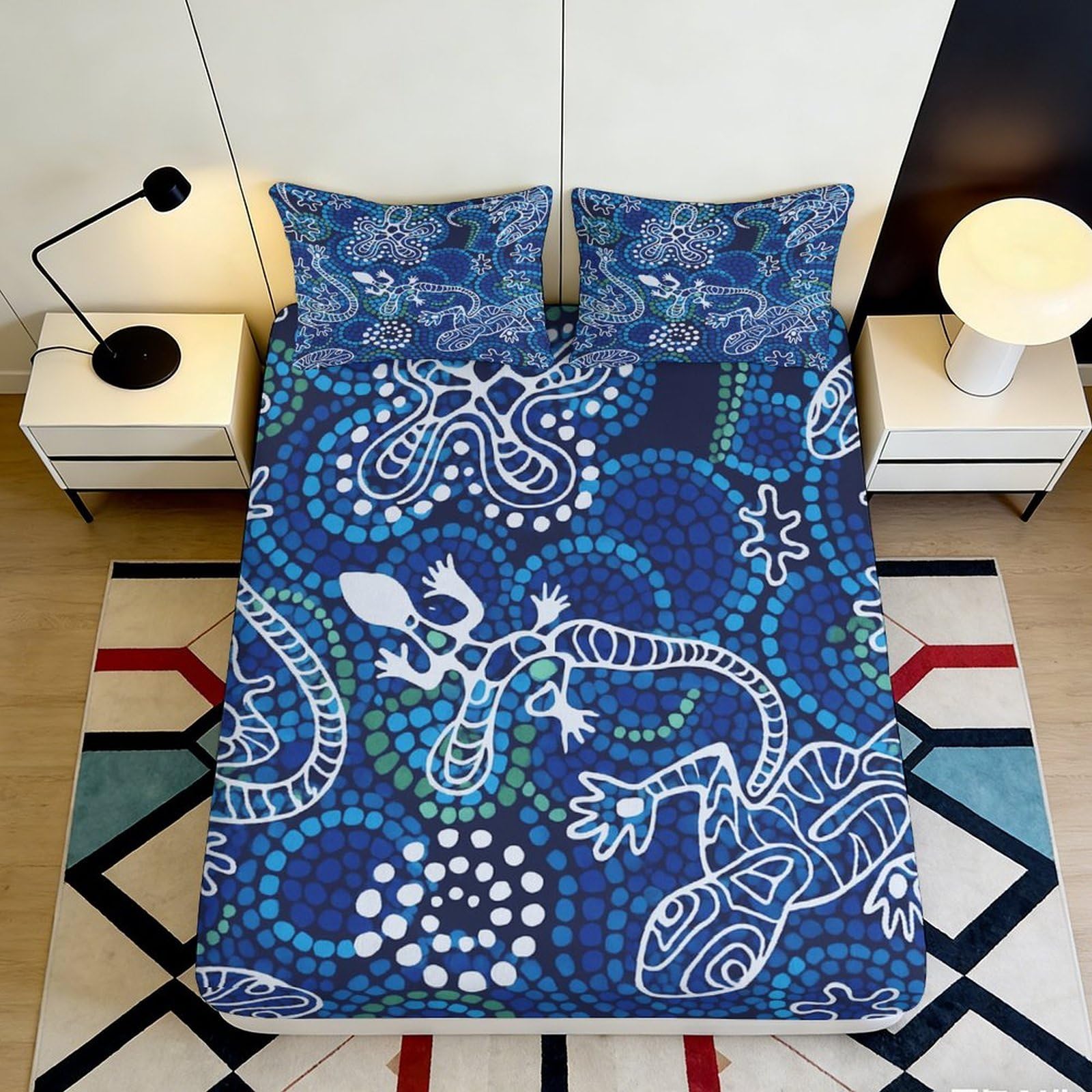 3D Printed Blue Geometric Lizard Fitted Sheet Microfiber Soft Breathable Abstract Reptile Bed Cover for Bedroom Dorm Decor 120x200x25cm