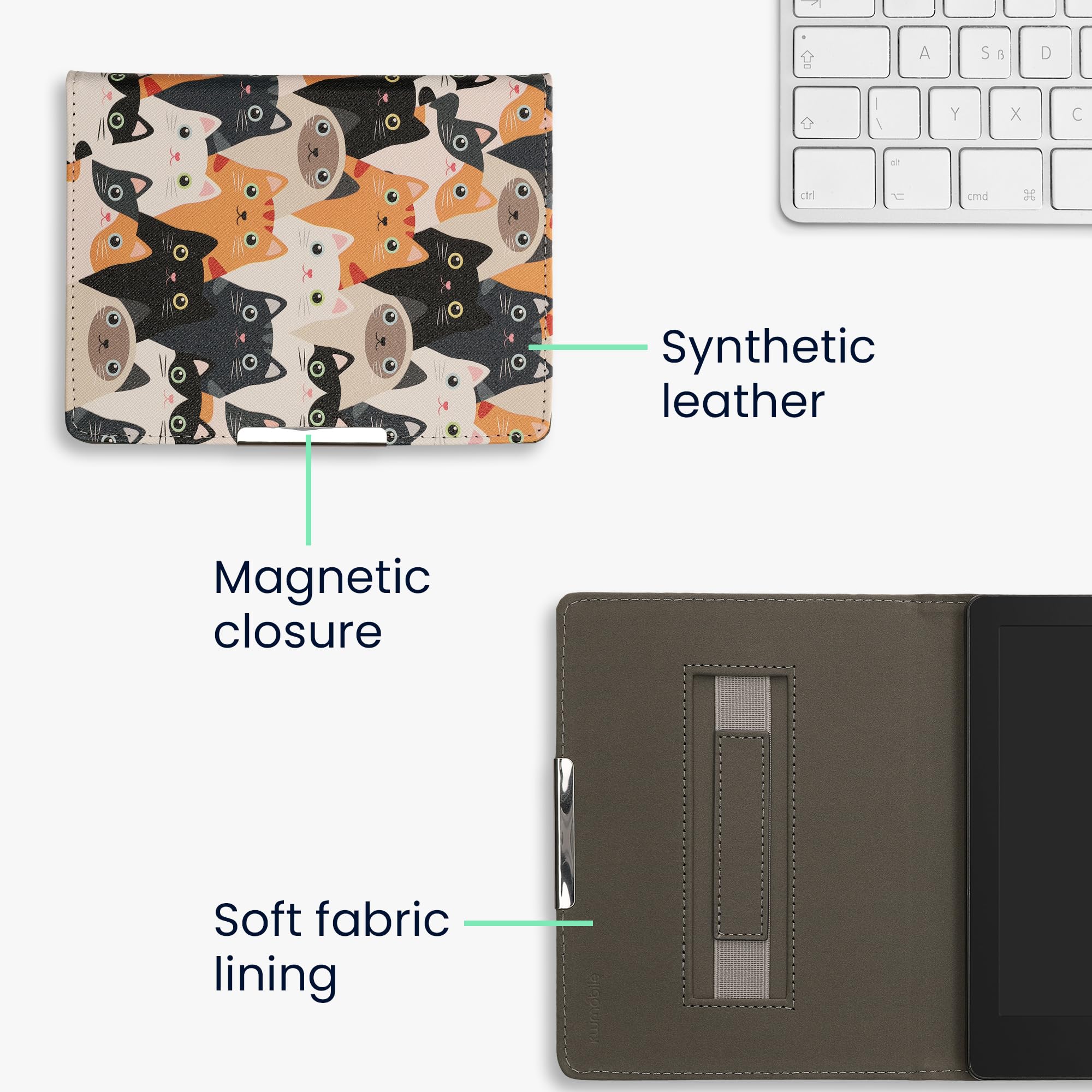 kwmobile Étui Compatible avec Kobo Aura H2O Edition 2 Coque - Étui à Rabat magnétique Tablette eReader Similicuir avec Sangle - Orange-Noir-Blanc