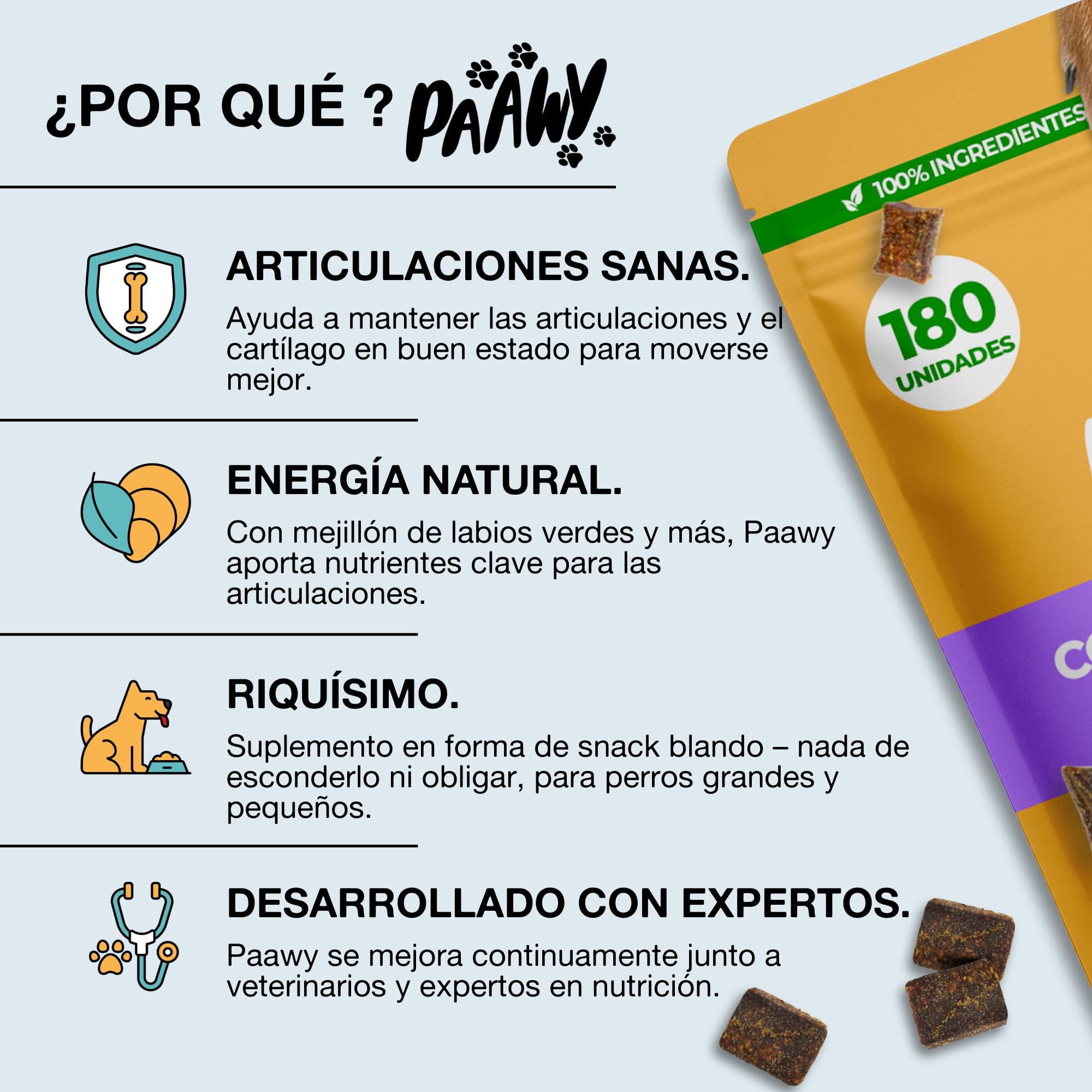 Condroprotector Perros de Paawy | MEJOR EN LA PRUEBA | 180 Snacks con Glucosamina, Condroitina, MSM y Colágeno – Antiinflamatorio Natural para Articulaciones y Artrosis – para Razas pequeñas y Grandes