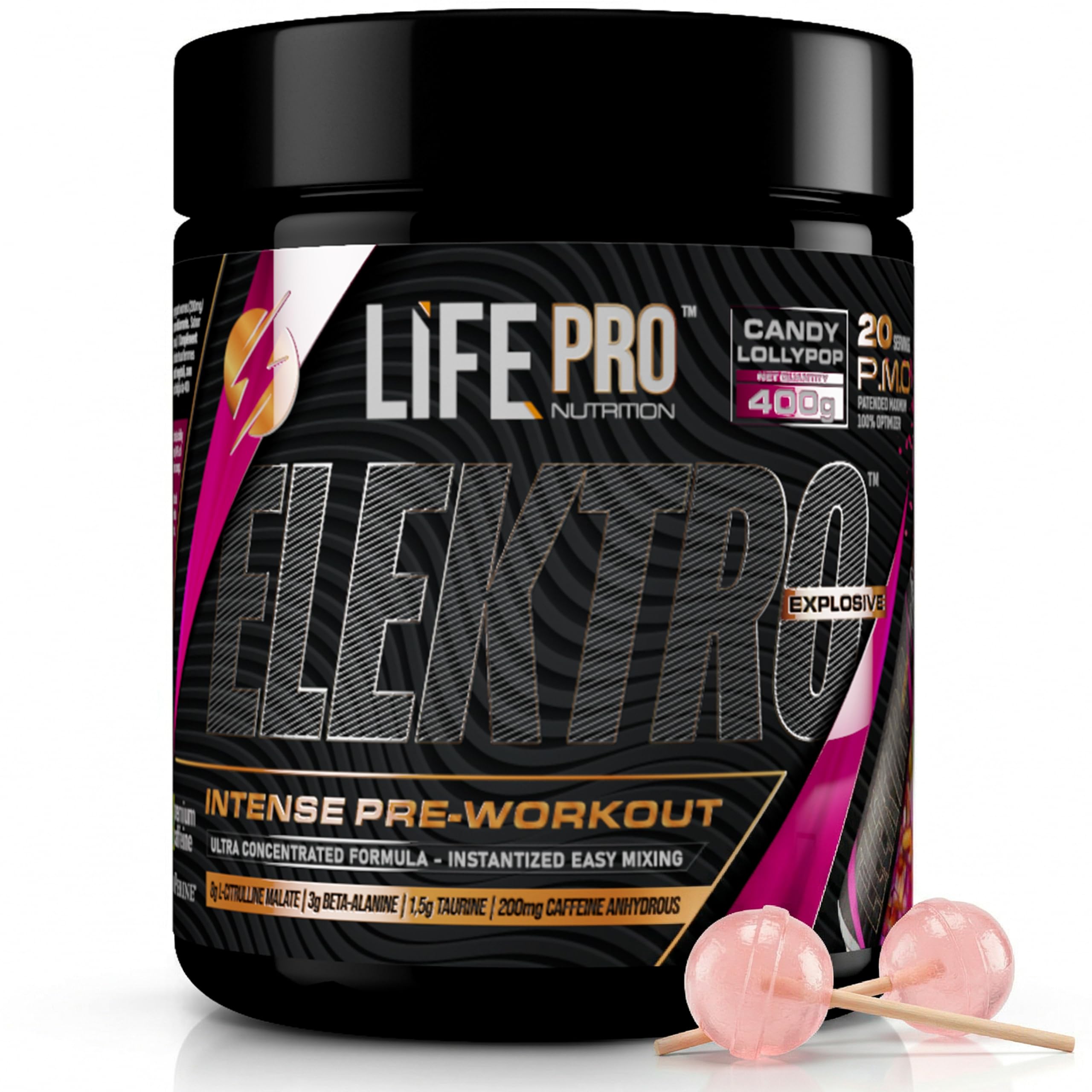 Pre Entreno Life Pro Elektro 400g - Pre Workout Potente con Citrulina Malato 8000mg, Beta Alanina 3000mg, Taurina 1500mg y Cafeína 200mg, Preentreno para Energía, Bombeo y Rendimiento | Sabor Lollipop