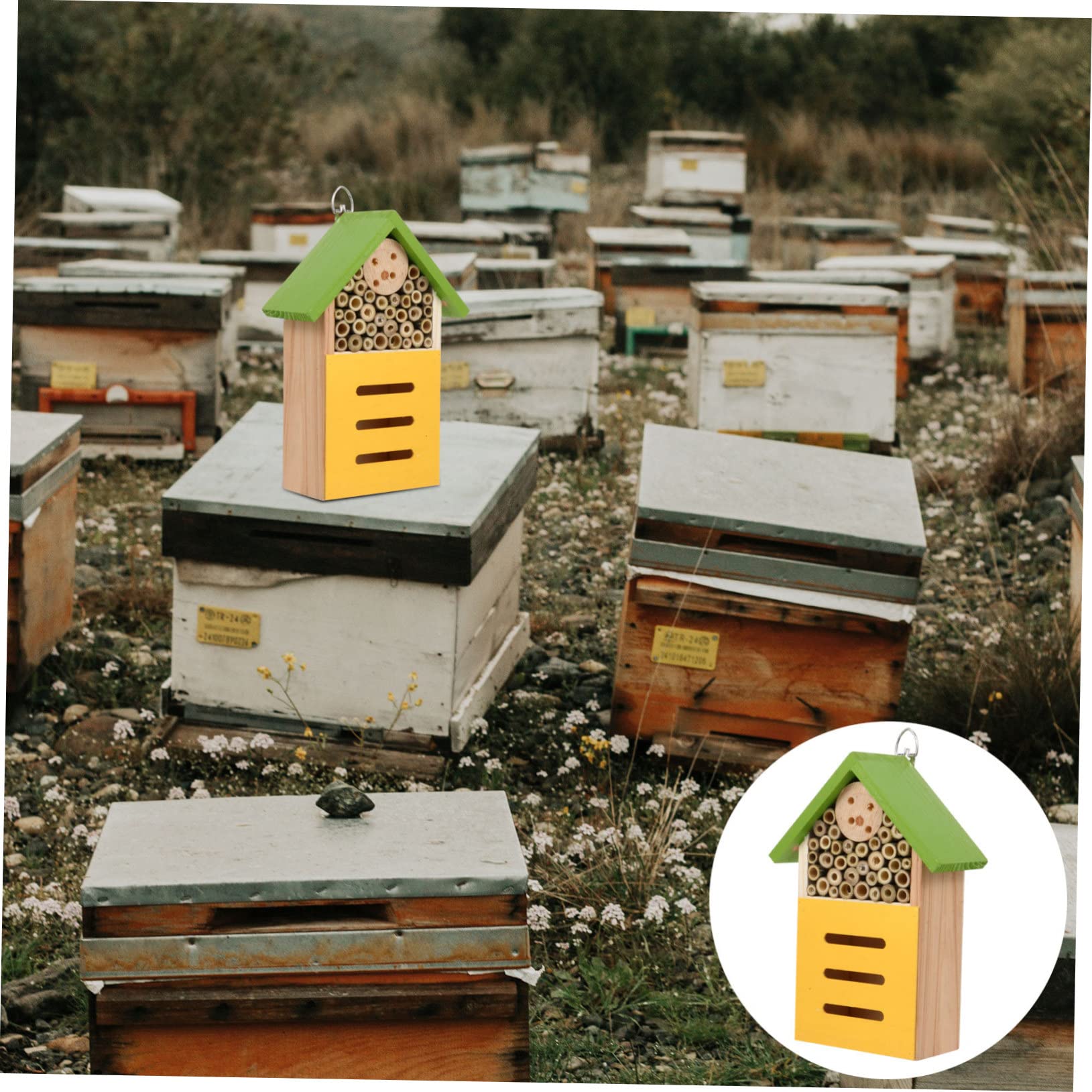 Yardwe Holz Bienenhaus für Garten Dekoratives Insektenhaus und Eisen Fertig Montiert mit Haken zur Aufhängung