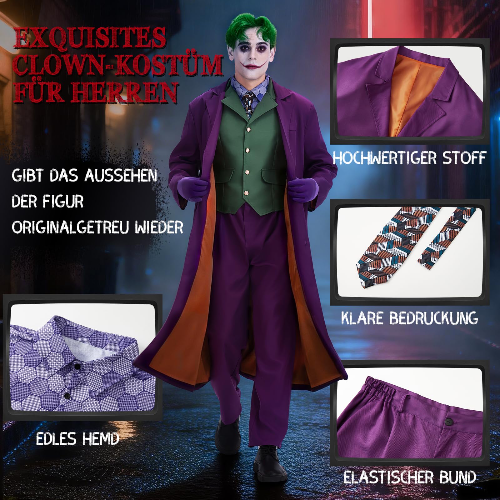 Joker Kostüm Herren, Killer Joker Outfit Herren Horror Clown Kostüm Erwachsener Set mit Lila Mantel, Grüne Weste, Hose, Krawatte, Falschem Hemdkragen und Handschuhen für Halloween