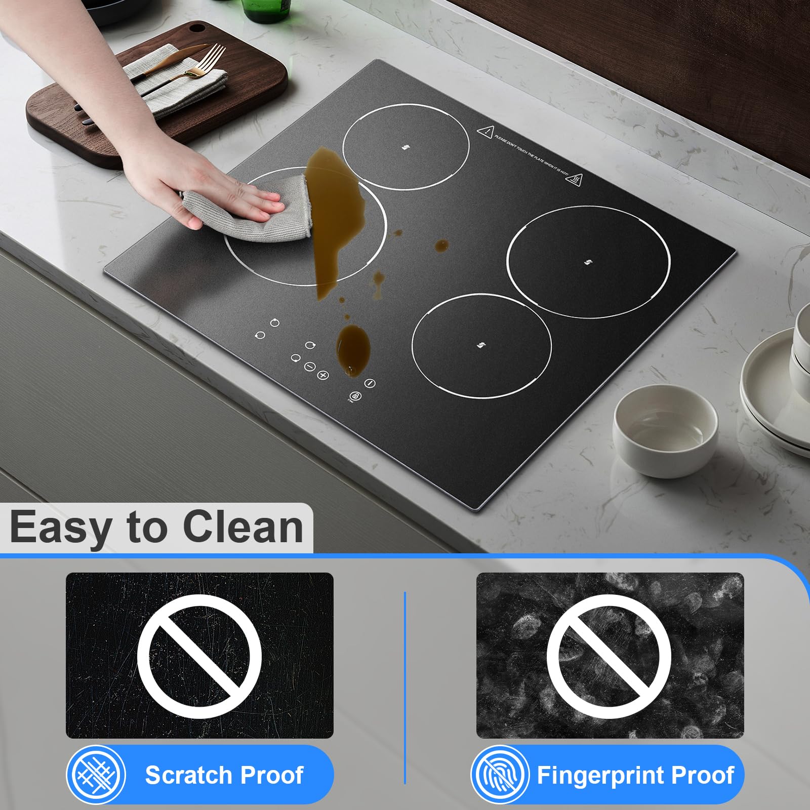 KICHPOWER Ceramic Hob 4 Burners 60cm, Built-in 4 Zone Electric Ceramic Hob, 6000W, Touch Control, 9 Power Levels, 1-99 Min Timer, Child Safe Lock, Heat Indicator, for all pots and pans — view 9