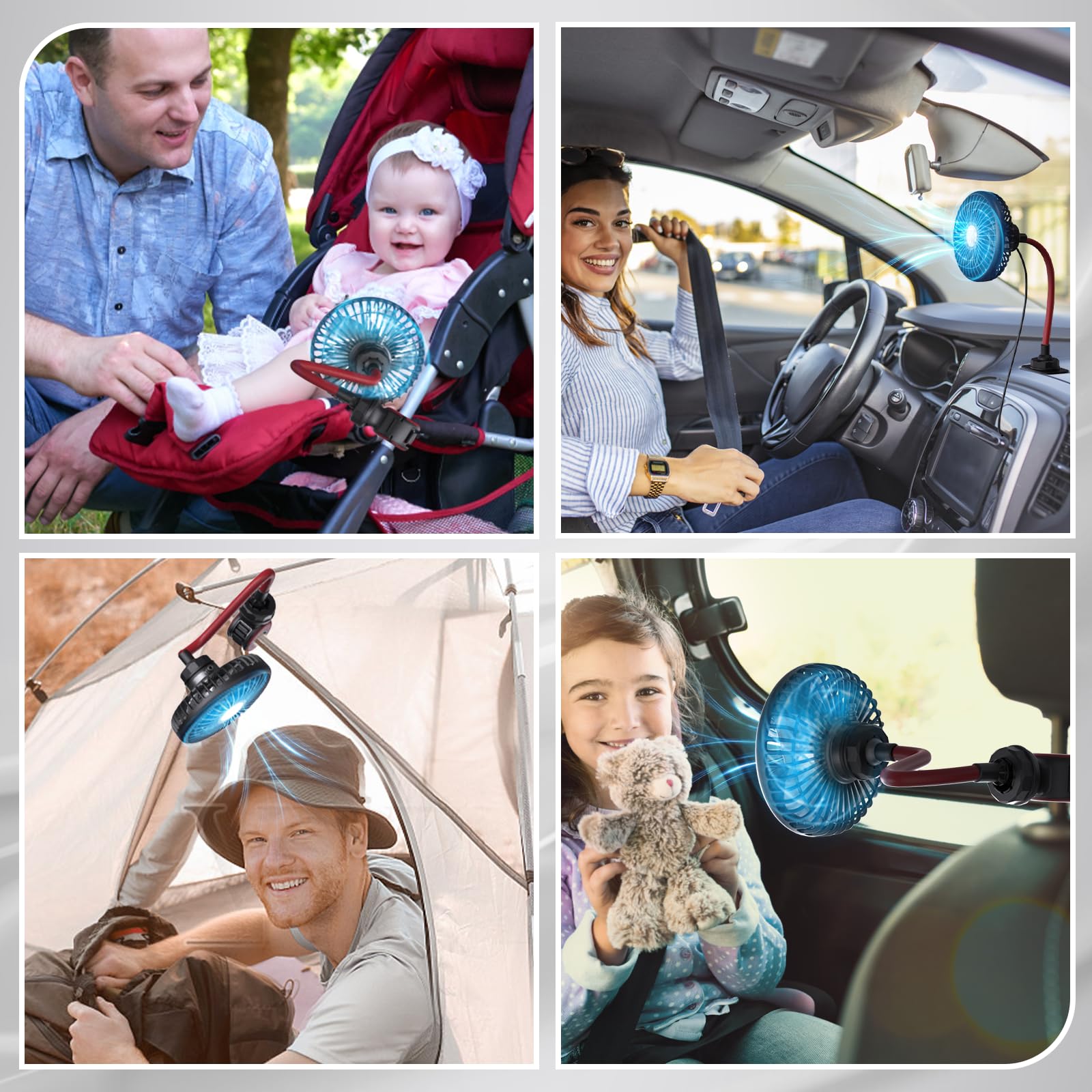 Elektrische autoventilator voor de achterbank, passagier, draagbare autoventilator, hoofdsteun, 360 graden draaibare achterbankventilator, 12 V koelventilator, dubbele kop, verlichting, USB-ventilator