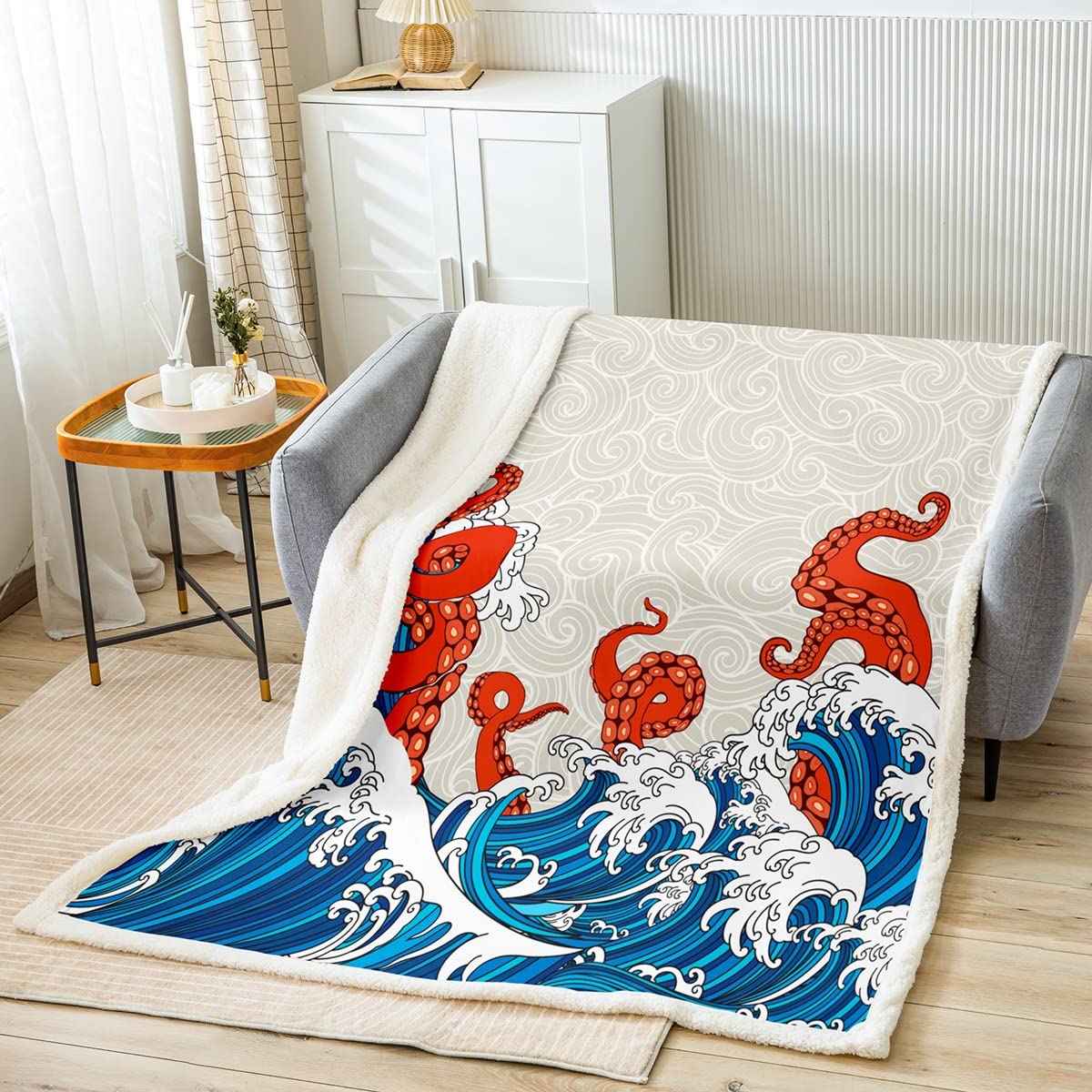 Octopus Bed Blanket Blue Waves Throw Blanket Lightweight Soft Cozy Luxury Sea Animals Fleece Blanket Ocean Theme Flannel Blanket for Sofa Bedroom Office Travel All Season(Twin 60"x80")