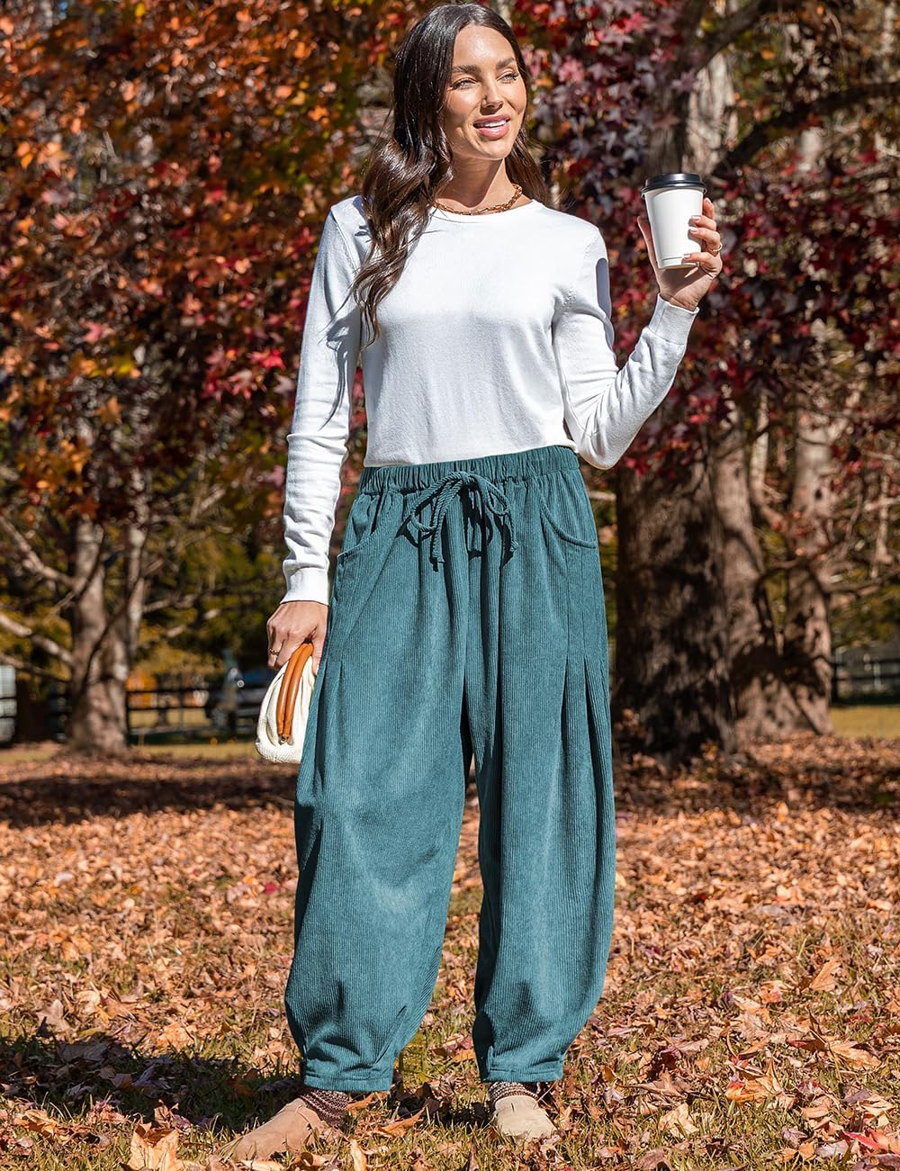 TARSE Womens Baggy Wide Leg Pants Corduroy Casual Drawstring Waist Palazzo Harem Pants with Pockets - Image 3