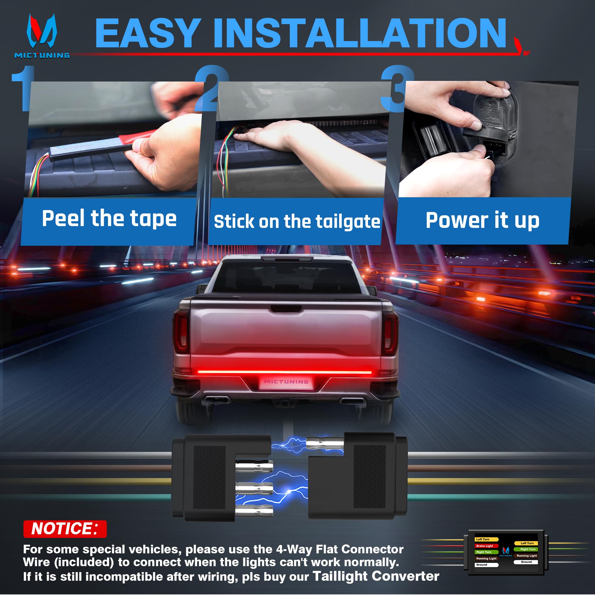 MICTUNING Bande lumineuse LED à triple rangée de 152 cm, 504 LED, étanche, avec connecteur plat à 4 voies, 5 fonctions, clignotant rouge, frein, lumière de courant, feux de recul blancs
