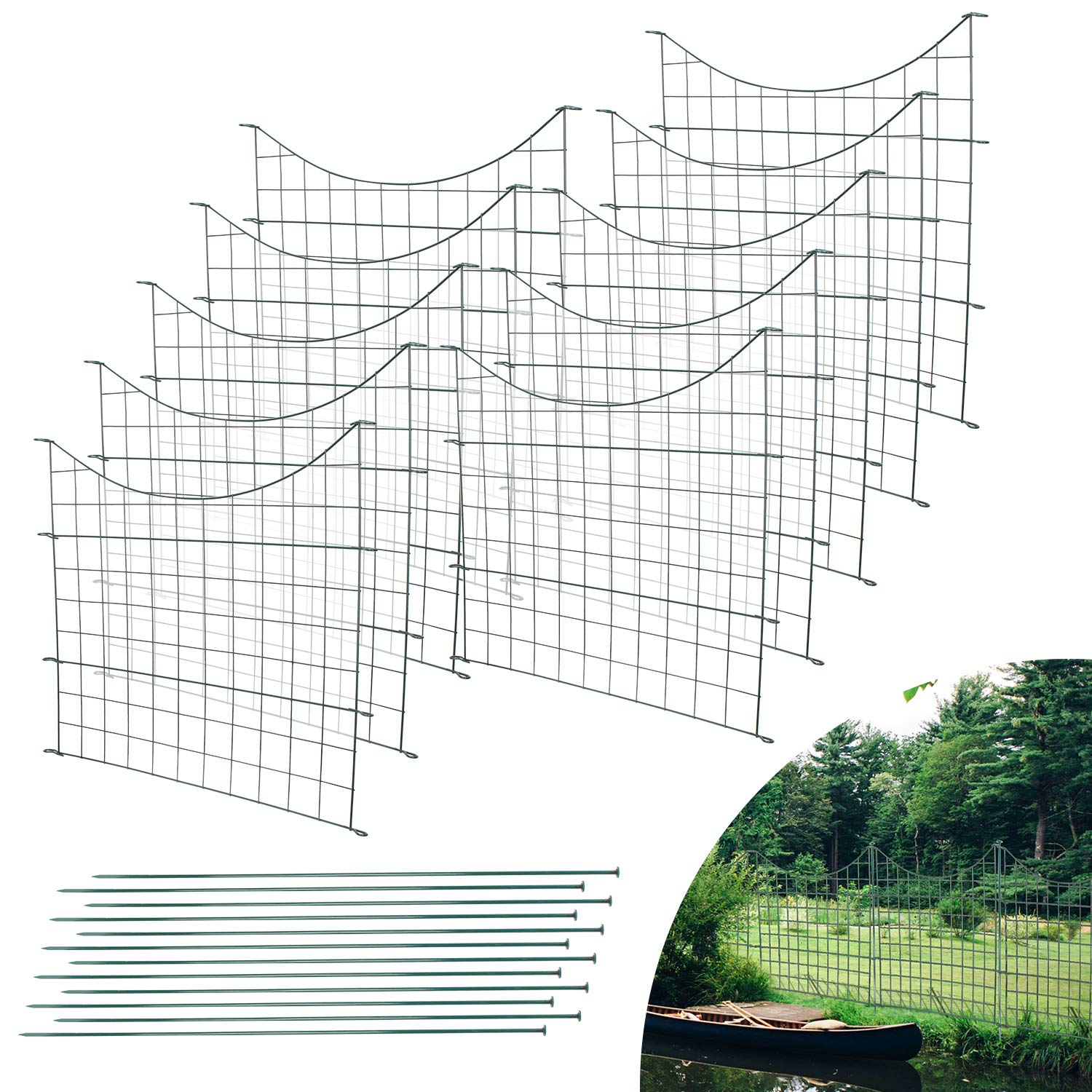 Teichzaun Gartenzaun, 10 Stück Gartenzäune Dekorative Metall 22 Zaunelemente- 10 Zaunelemente 12 Befestigungsstäbe, Länge 7,5 m Zaun für den Garten, Zaun für Hunde (Unterbogen, Grün)