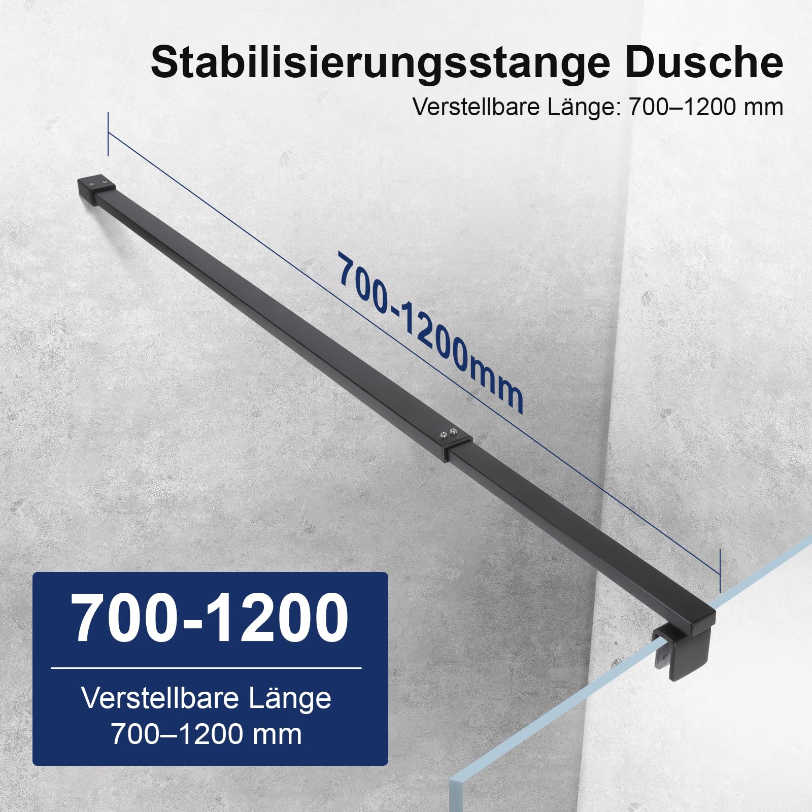 SVNR 70 – 120 cm supporto per parete doccia, asta stabilizzante per vetro spessore 8 – 10 mm, asta in acciaio inox, stabilizzatore per pareti doccia e cabina doccia, nero opaco, forma quadrata