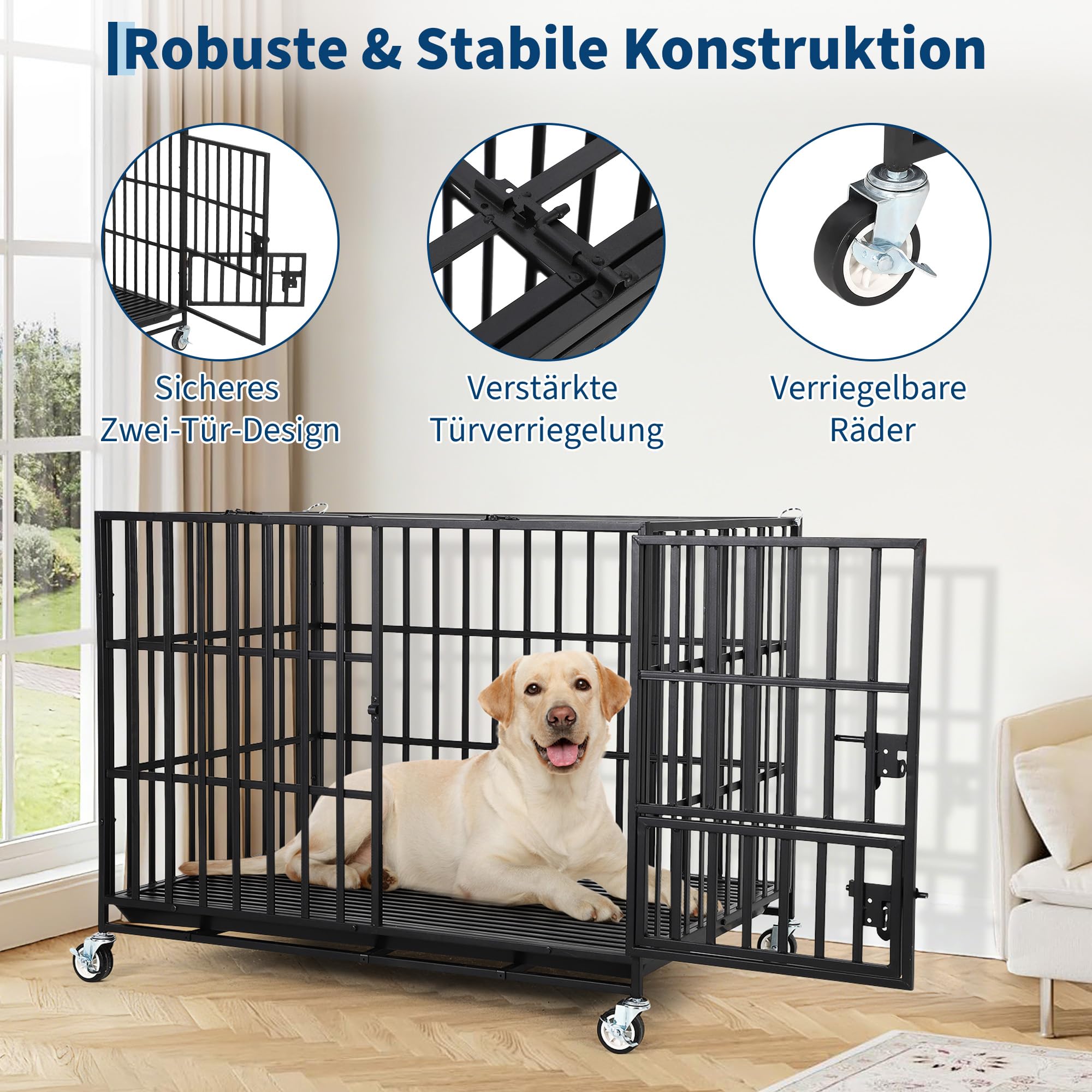Hundekäfig Hochbelastbar Hundebox Gitterbox 125 * 80 * 92 cm für große Hunde mit Doppeltüren, 4 Verriegelbaren Rädern, Abnehmbarer Schale und Stabiler Sicherheitsverriegelung