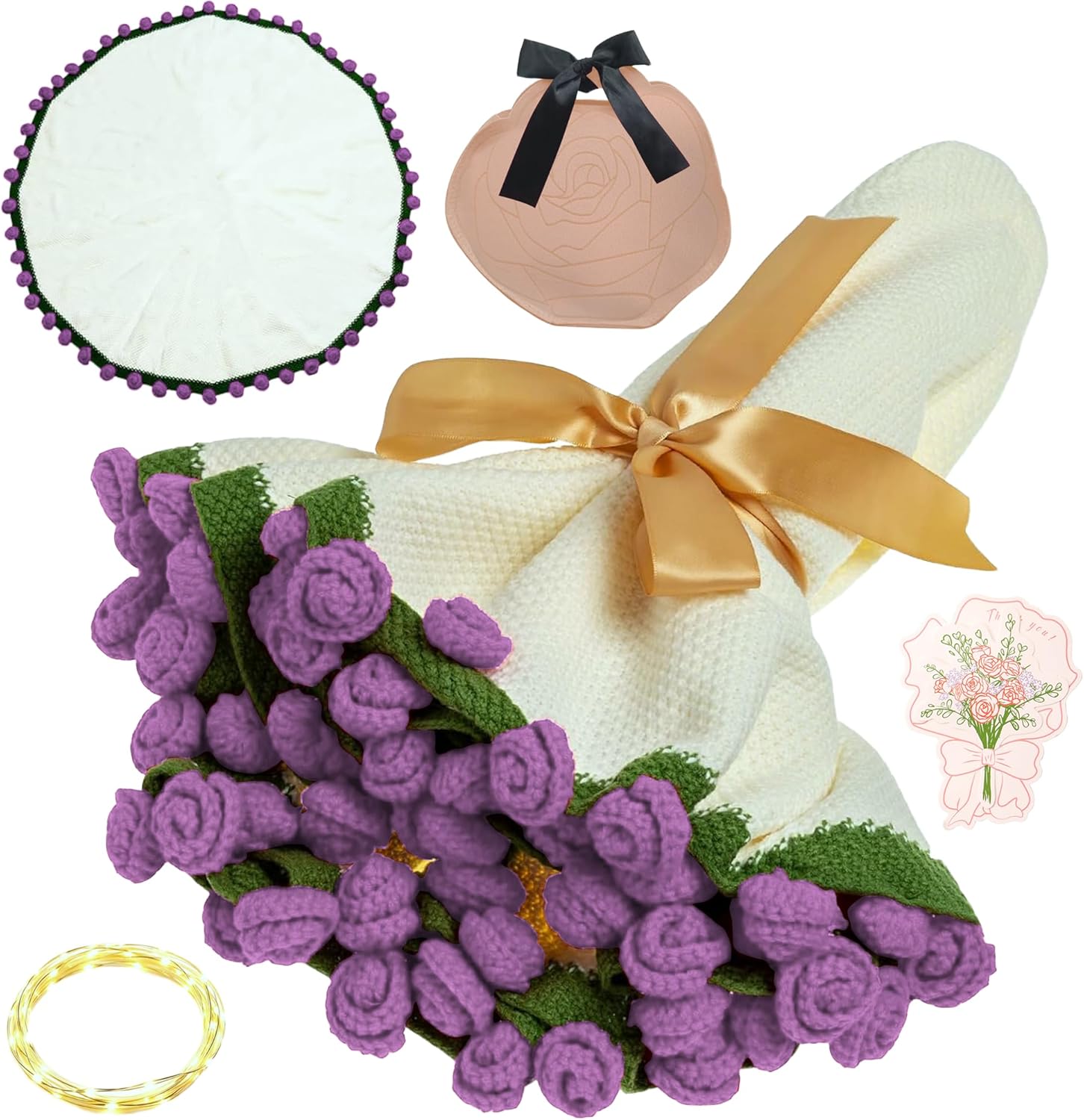 Crochet Flower Bouquet Throw Blanke twith 68 Roses, 43 Inch Round Plush Throw, Gift Card, Felt Gift Box for Her Girlfriend Mom Mother’s Day Valentine Wedding Anniversary Birthday, Purple