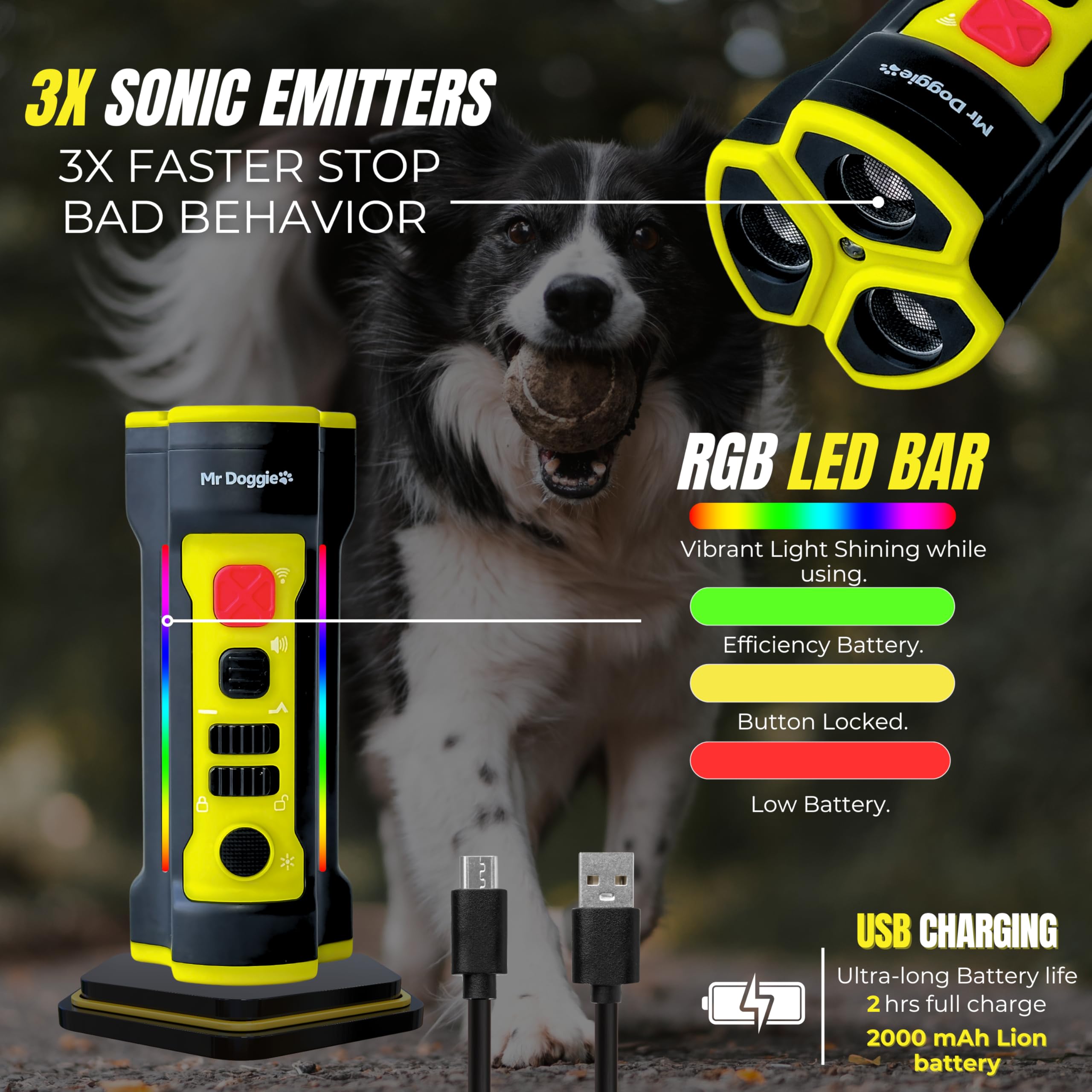 Anti Barking Device for Dogs - Dog Bark Deterrent with Rechargeable Flashlight, Ultrasonic Bark Stopper Alternative to Shock Collar