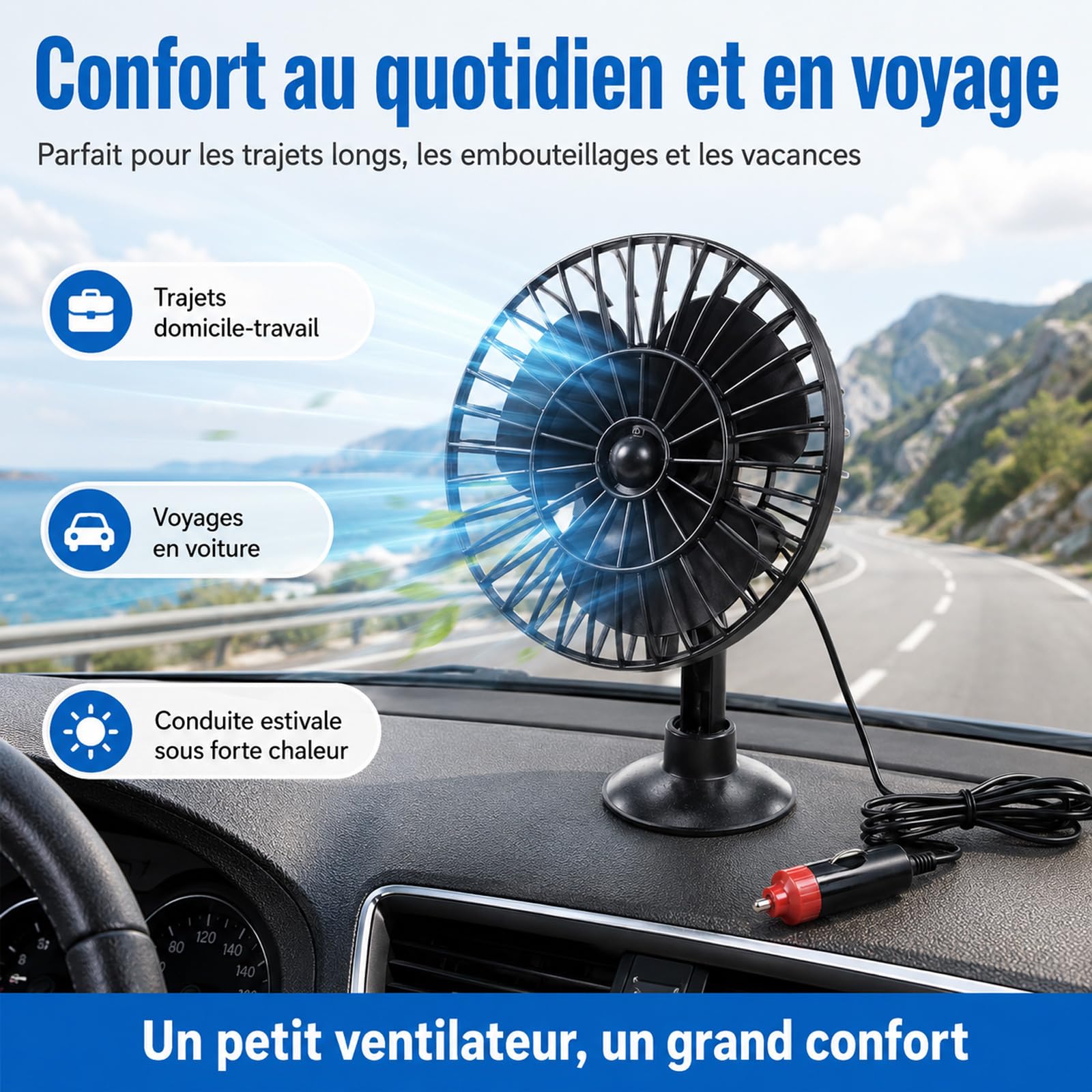 Ventilateur de Voiture 12v, Ventilateur de Voiture Allume Cigare Portable Camion Ventilation Ventouse RéGlable Ventilateur de Bureau