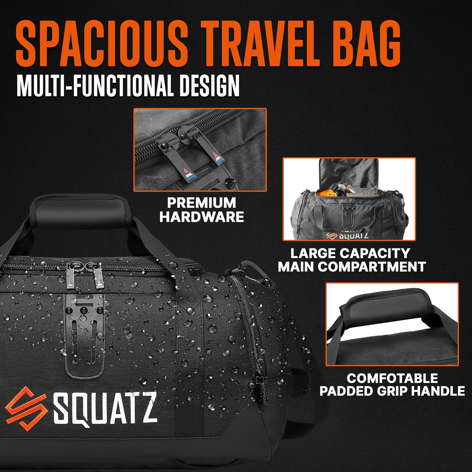 SQUATZ Gym Bag for Men and Women Sports 50L Duffle Bag Travel Backpack Weekender Overnight Backpack with Spacious Shoes Compartment Adjustable and Removable Shoulder Strap Workout, Multiple Pockets