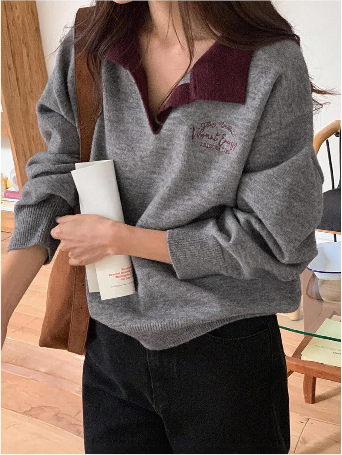 Floerns Women's Collared Graphic Sweater Knitted V Neck Loose Pullovers Tops Fall Outfit - Image 4