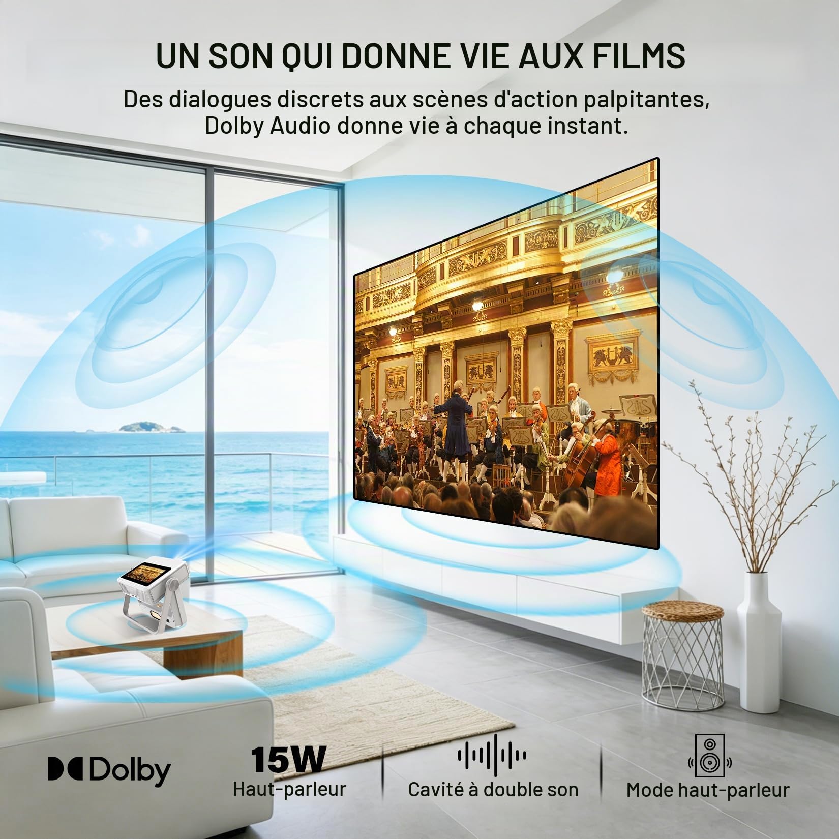 Vidéoprojecteur 4K Supporté, Projecteur Full HD 1080P avec Écran Tactile, Double Écran, WiFi 6 Bluetooth 5.4, 1200 ANSI, Autofocus & Keystone Auto, Rotation 180°, Audio 25W, Apps intégrées