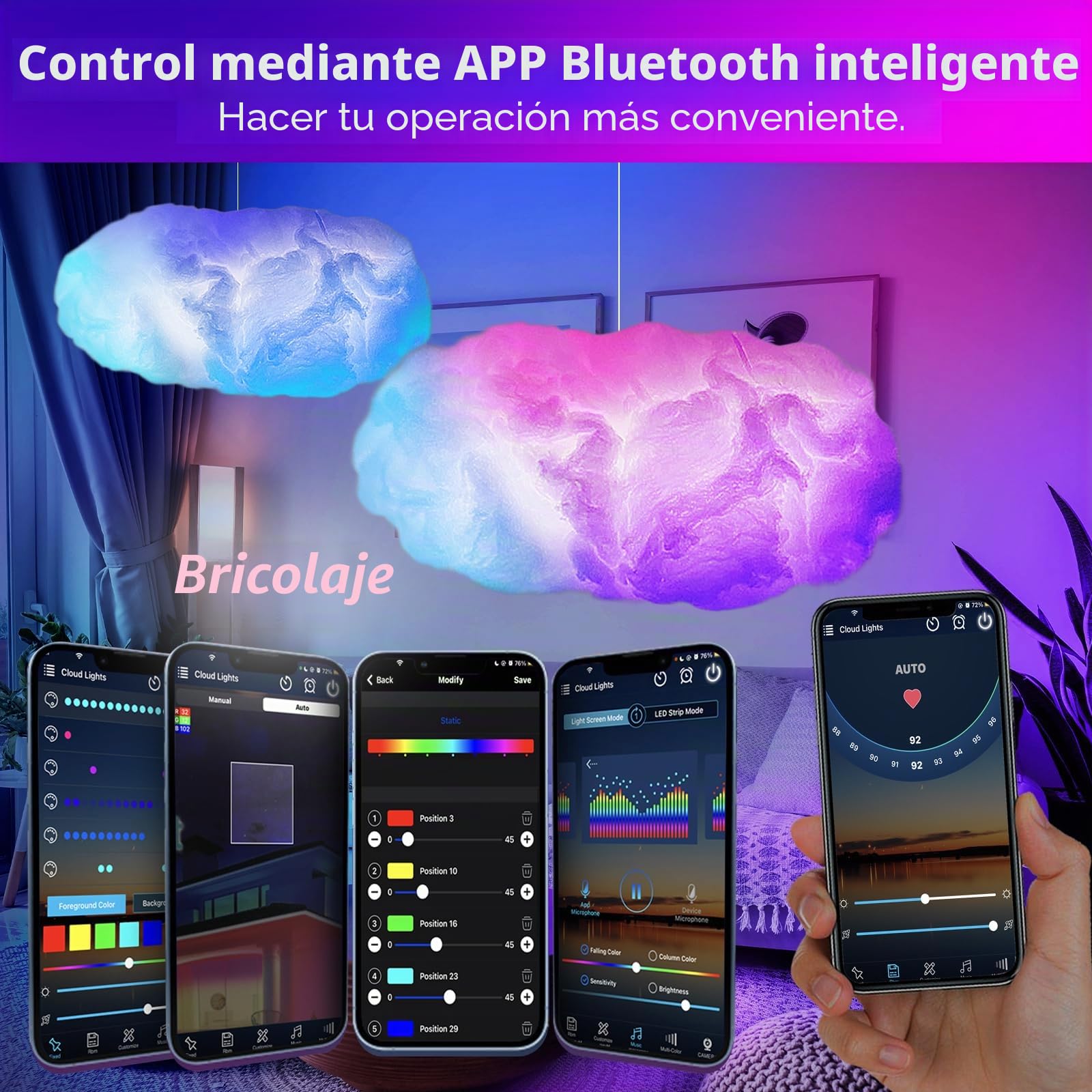 Lichaser RGB Algodón Nube Luz LED, Remoto 2,4G y Bluetooth APP, Los Colores se Pueden Cambiar a Nubes de Arcoíris, Nubes de Relámpagos, etc. Decoración del Dormitorio del Hogar(RGB, 2 Pack)