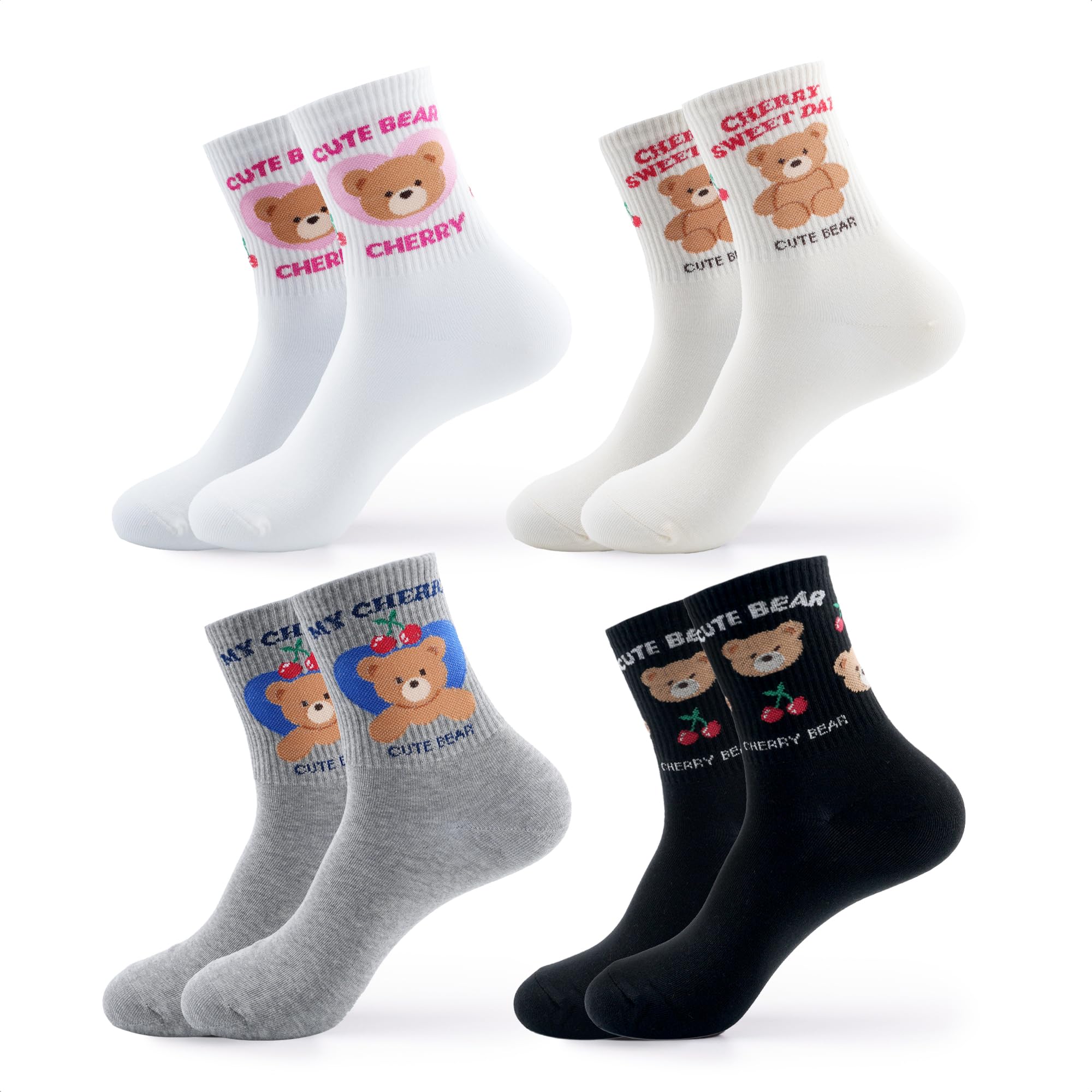 kikiya socks Women Crew | 4-6 Pairs Cute Smiley Face Fun Character Print Ribbon Design | Girls Soft Cotton Socks | US 6-8