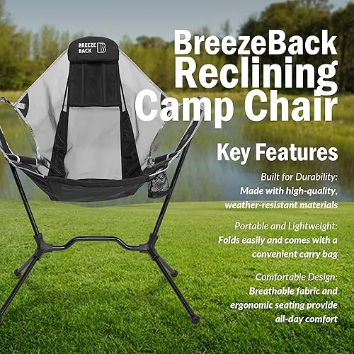 Miniatura 9 de Silla mecedora reclinable para campamento, silla plegable ligera para exteriores con movimiento mecedora suave, reclinable ajustable, reposacabezas