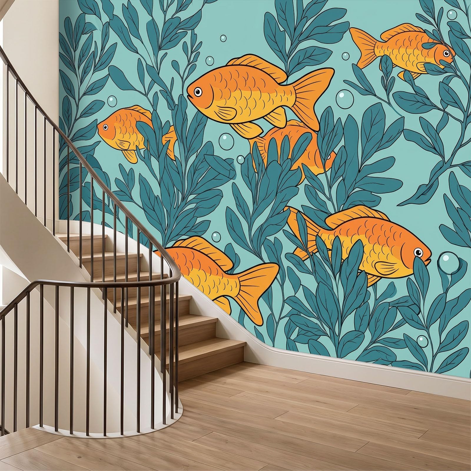 Générique 200 x 140 cm Panoramiczna tapeta akwarela Ryby Rośliny Wodne 3D Projekt ścienny, dekoracja ścienna do zdjęć, tapety z włókniny dekoracja ścienna salon sypialnia, niebiesko-zielony