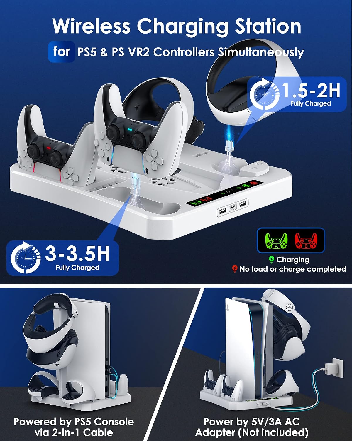 HAPAW Charging Station for PS VR2 / PS5 with Cooling Fan & Accessories Organizer, PS 5 PSVR 2 Controllers Charger Charging Dock, Playstation 5 Console Cooling PS VR 2 Accessories Headset Stand Holder