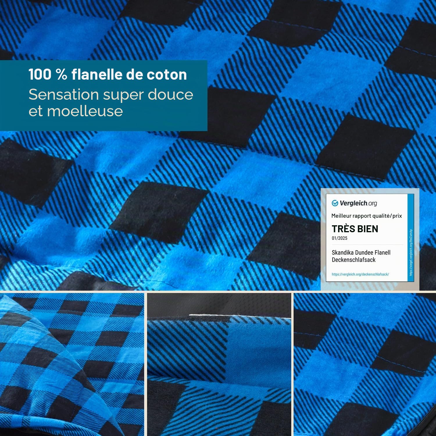 Skandika Sac de Couchage Couverture Dundee | Coton/Flanelle, Haute qualité, jumelable, 3 Saisons, jusqu'à -20°C, 220 x 80 cm | Camping Outdoor randonnée