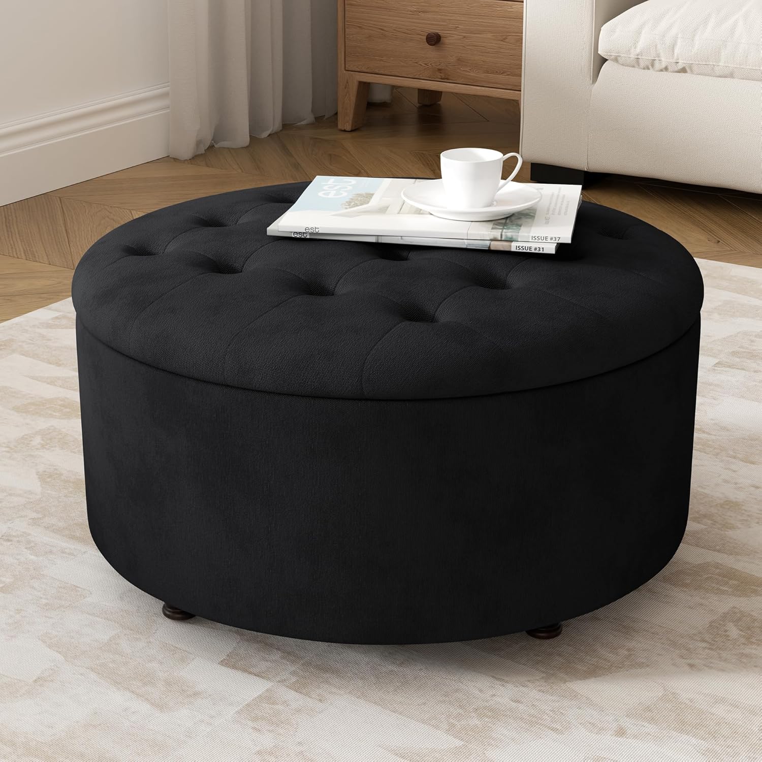 YUUIJOAA 30 Inch Round Tufted Storage Ottoman with Flip Top Lid - Black Upholstered Footrest Coffee Table Stool for Living Room Bedroom