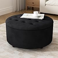 YUUIJOAA 30 Inch Round Tufted Storage Ottoman with Flip Top Lid - Black Upholstered Footrest Coffee Table Stool for Living Room Bedroom