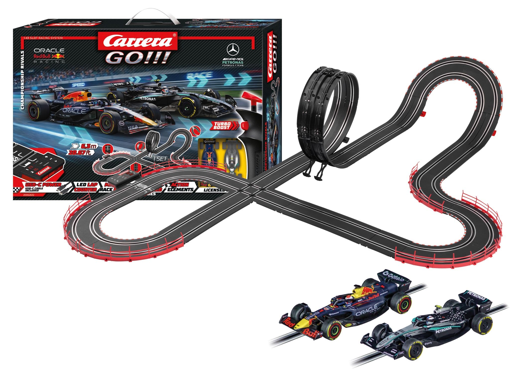 Carrera GO!!! 20062632 Championship Rivals F1 scala 1:43, 6,3 metri, con Red Bull Racing RB21 M Verstappen No1 2025 e Mercedes AMG F1 K. Antonelli, adatto a partire dai 6 anni