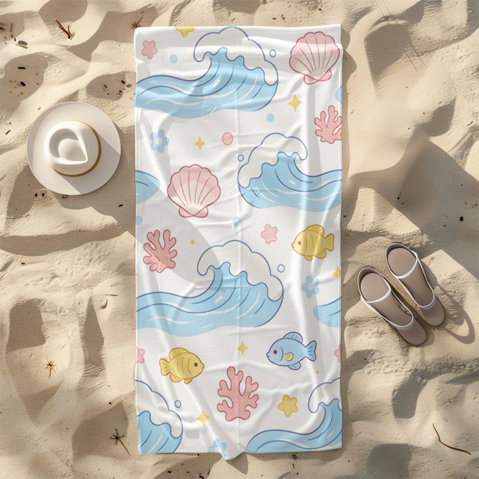 Fouta PlageShell De Ligne Bleue Blanche Modèle Surdimensionné avec Diverses Tailles, Respirante et Portable, Parfaite pour Voyages Sorties Piscine et Usage Extérieur Quotidien 90x160 cm
