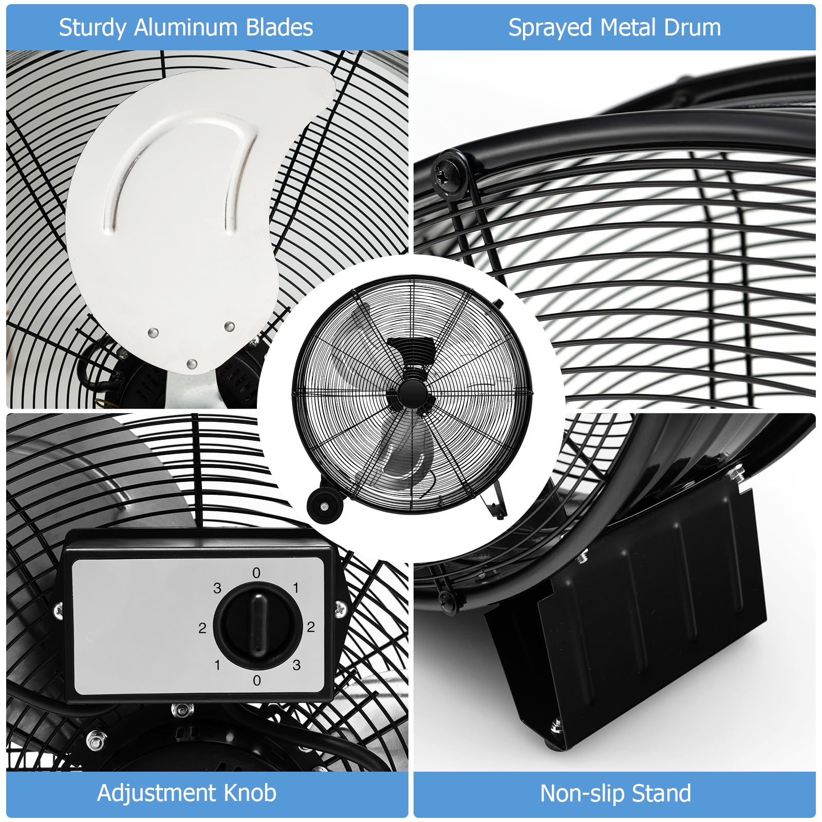 SOARS Ø60 cm Bodenventilator mit Rollen, Mobile Windmaschine mit 3 Windgeschwindigkeiten, Ventilator Metall Industriell, Standventilator für Lager, Werkstatt, Keller (Schwarz)