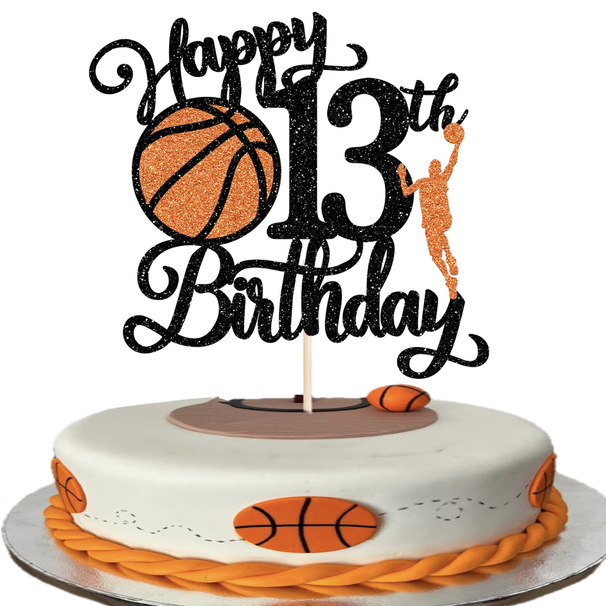 Rsstarxi 1 Pack Happy 13th Birthday Cake Topper Black Glitter Basketball Sports Cake Pick Cheers to 13 Years Cake Decorations for Basketball Theme Birthday Party Supplies