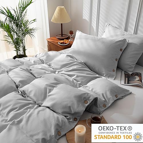 Miniatura 10 de MUKKA - Funda de edredón de microfibra con botones, lino jaspeado tipo Chambray, estilo moderno, suave, con cierre de botones de coco