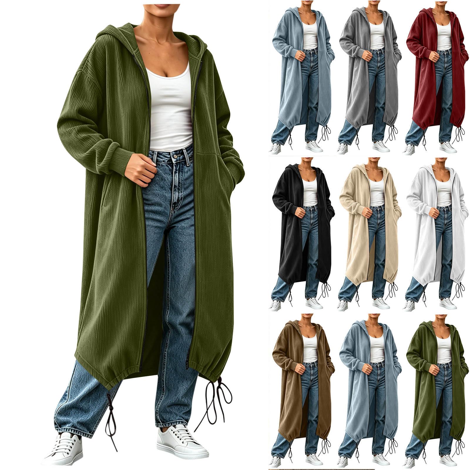 Sweatjacke Damen Lang Kordjacke Kapuzenpullover Sweatshirt Jacke Windjacke