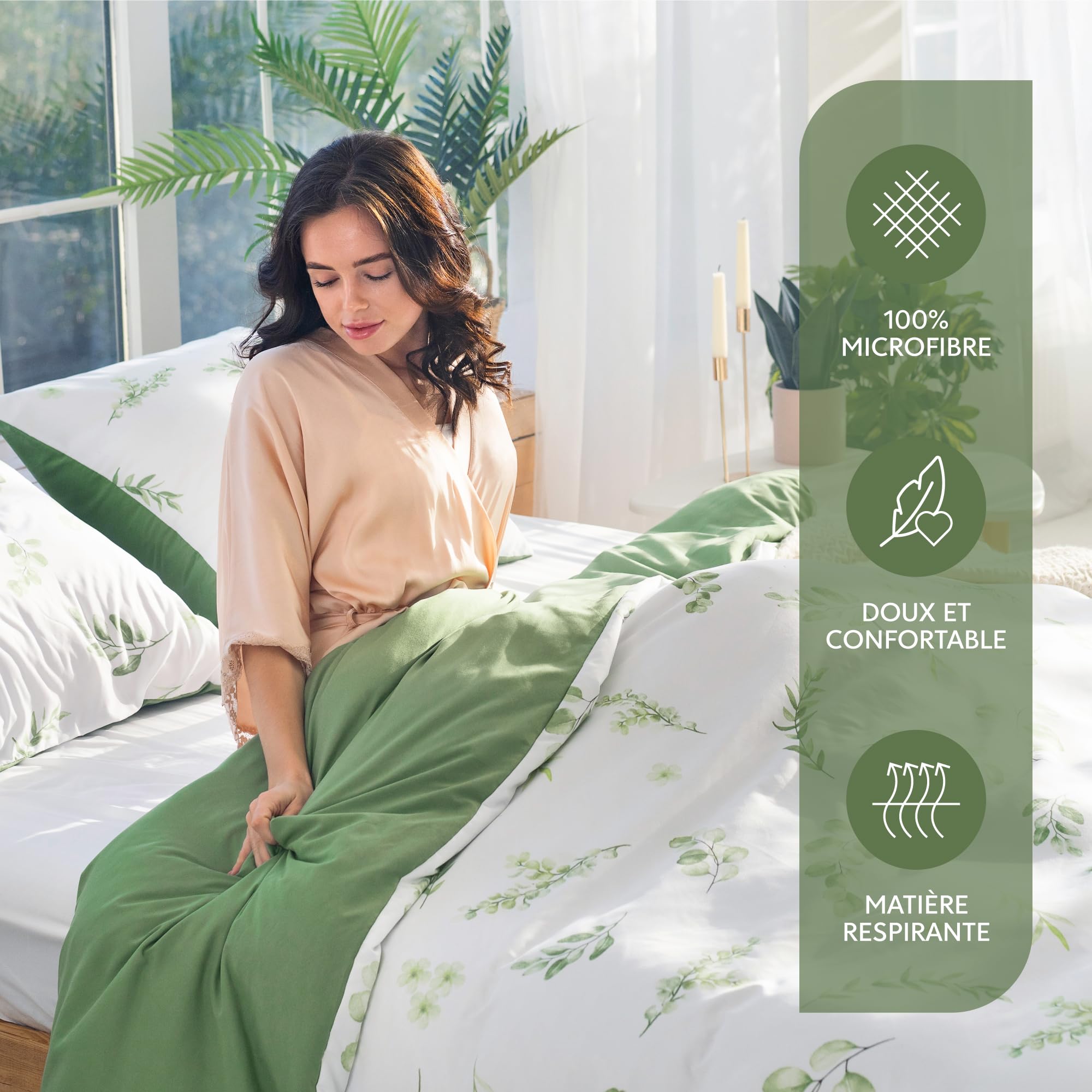 Dreamzie Housse de Couette 220x240cm avec 2 Taies d'oreiller 65x65 cm, Motif Botanique Vert Sauge, Parure de Lit en Microfibre 220x240 Adulte Motif à Feuilles avec Fermeture Éclair,Oeko TEX