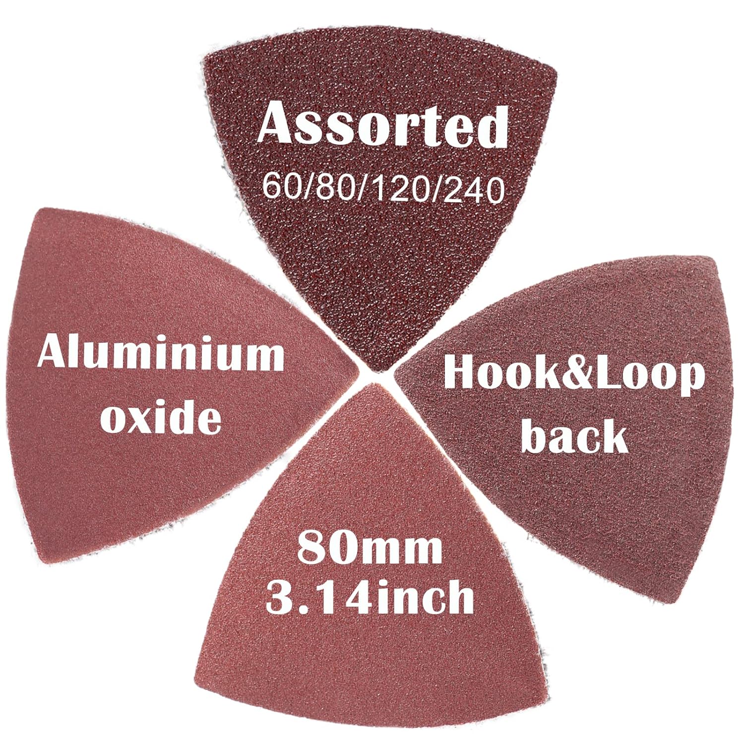 AIRIC 100pcs 3-1/8in Triangular Sanding Padpapers 80 Grits 80mm Hook & Loop Oscillating Tool Sandpaper, Fit 3-1/8 Inch Triangle Oscillating Multitool Sanding Pad, 80MM80 - - 