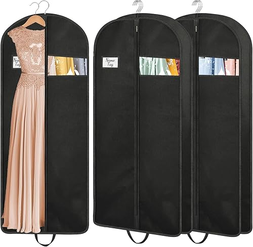 3 bolsas de ropa de 60 pulgadas de largo para colgar ropa de viaje, bolsas de traje negras con ventana transparente para almacenamiento de armario,