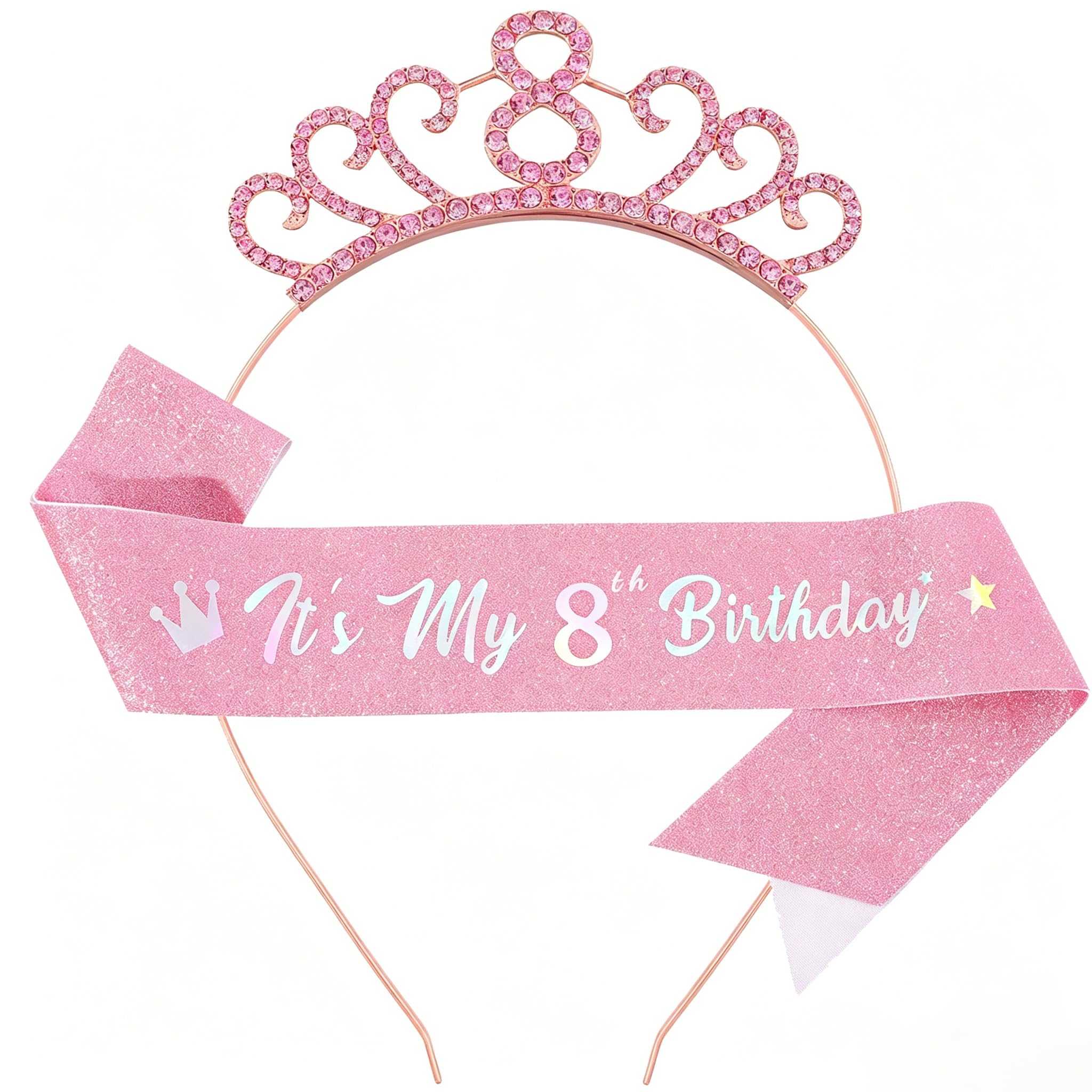 WeveriColle 8th Birthday Sash and Crown Tiara Headband for Girls 8th Birthday Decorations for Girl 8th Birthday Gifts Party Accessory