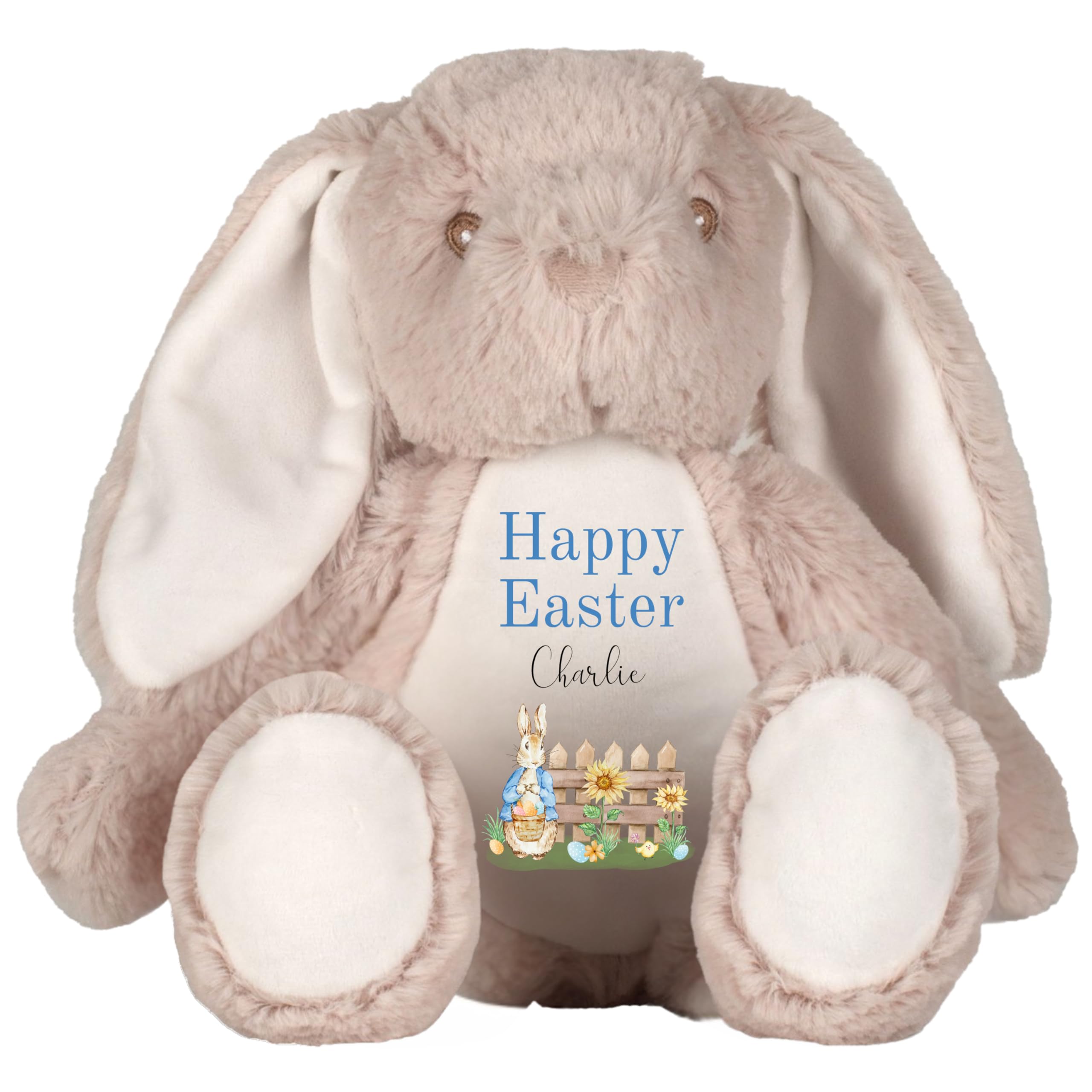 HotScamp Personalised Easter Bunny with Name - Rabbit Happy Easter Blue - Soft Toy for Baby, Toddler, Children, Kids, Babies Spring Time - Blue Letter Brown Bunny — image 1