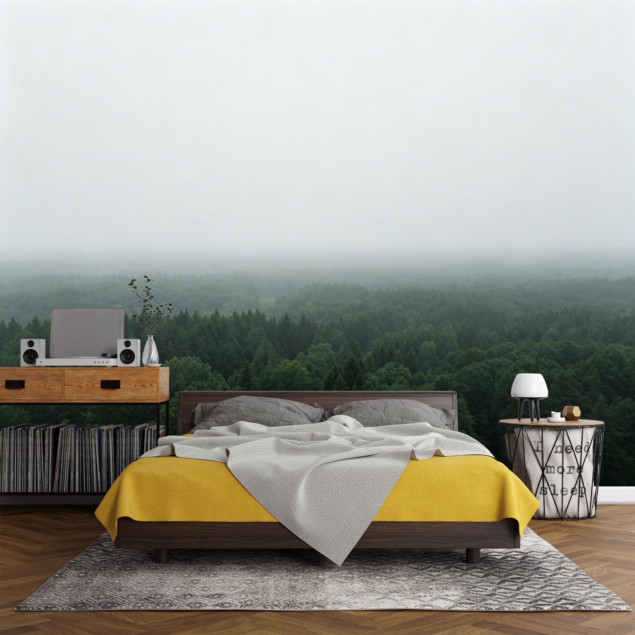 Custom Size Wall Mural Misty Pine Forest Landscape Minimalist Modern Foggy Tree Scenery，SelfAdhesive Art Prints wall Fabric（No PVC） Removable Wallpaper Living Room Decor