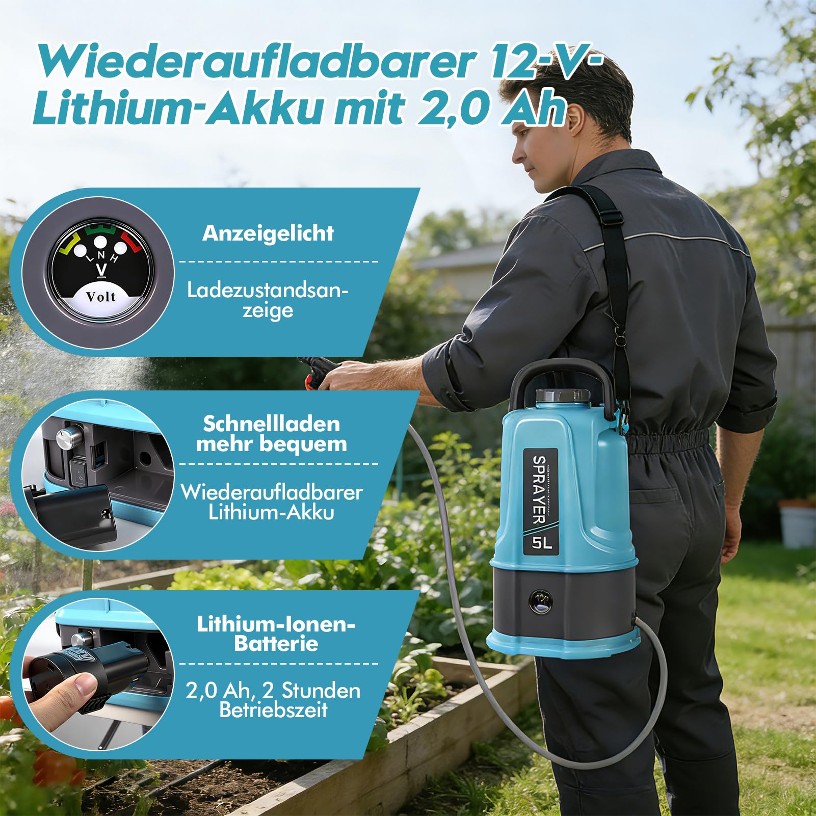 Akku Drucksprüher 5L,45PSI Rückenspritze Pflanzensprüher Kompatibel mit Makita 12V Batterien,Elektrischer Pflanzensprüher mit 4 Düsen,60cm Teleskopstab,2.0 Ah Akku,Ladegerät