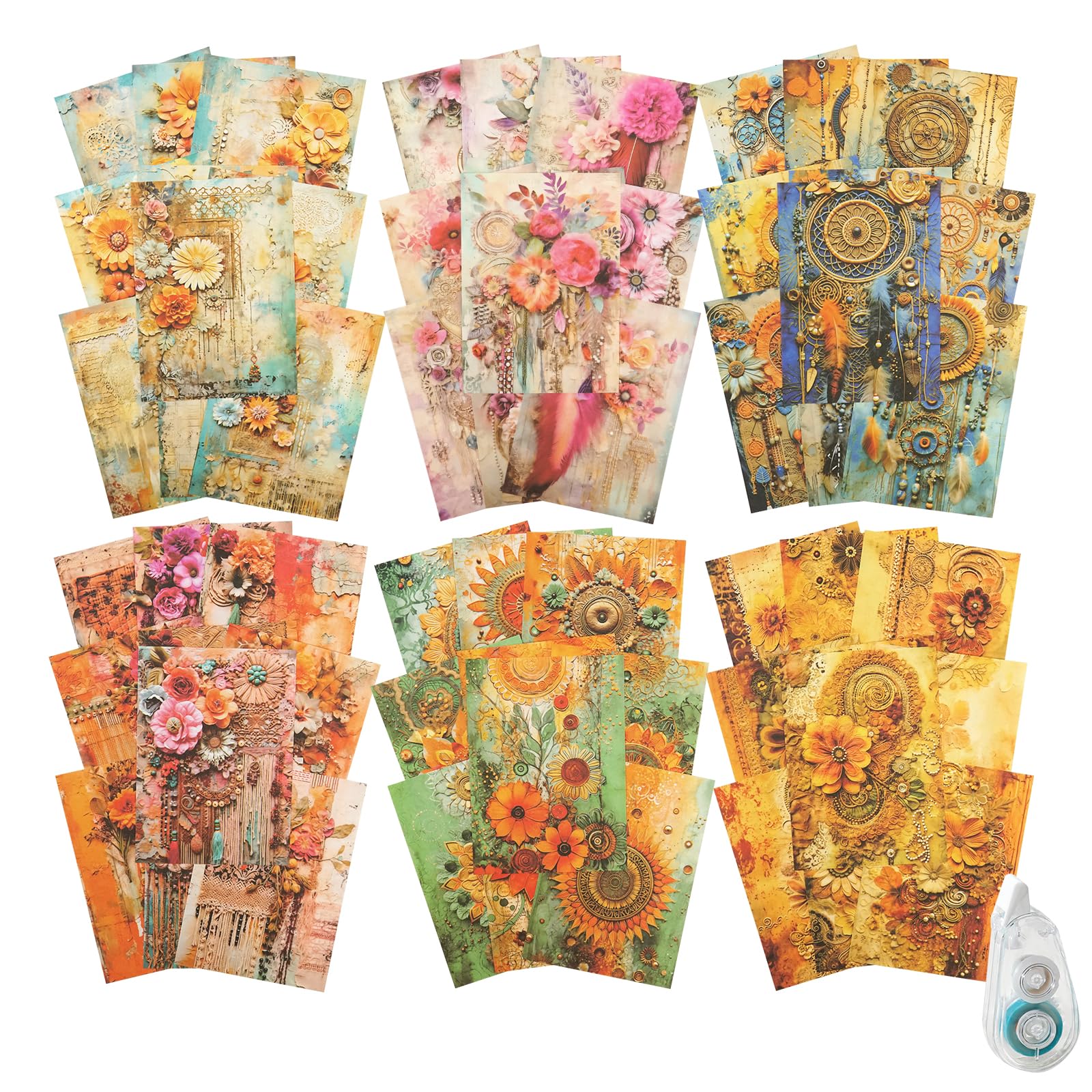 MiyouLuna 180 Sheets Bohemian Scrapbook Paper, Vintage Ephemer for Scrapbooking Journaling Junk Journal Supplies,with Glue Tape