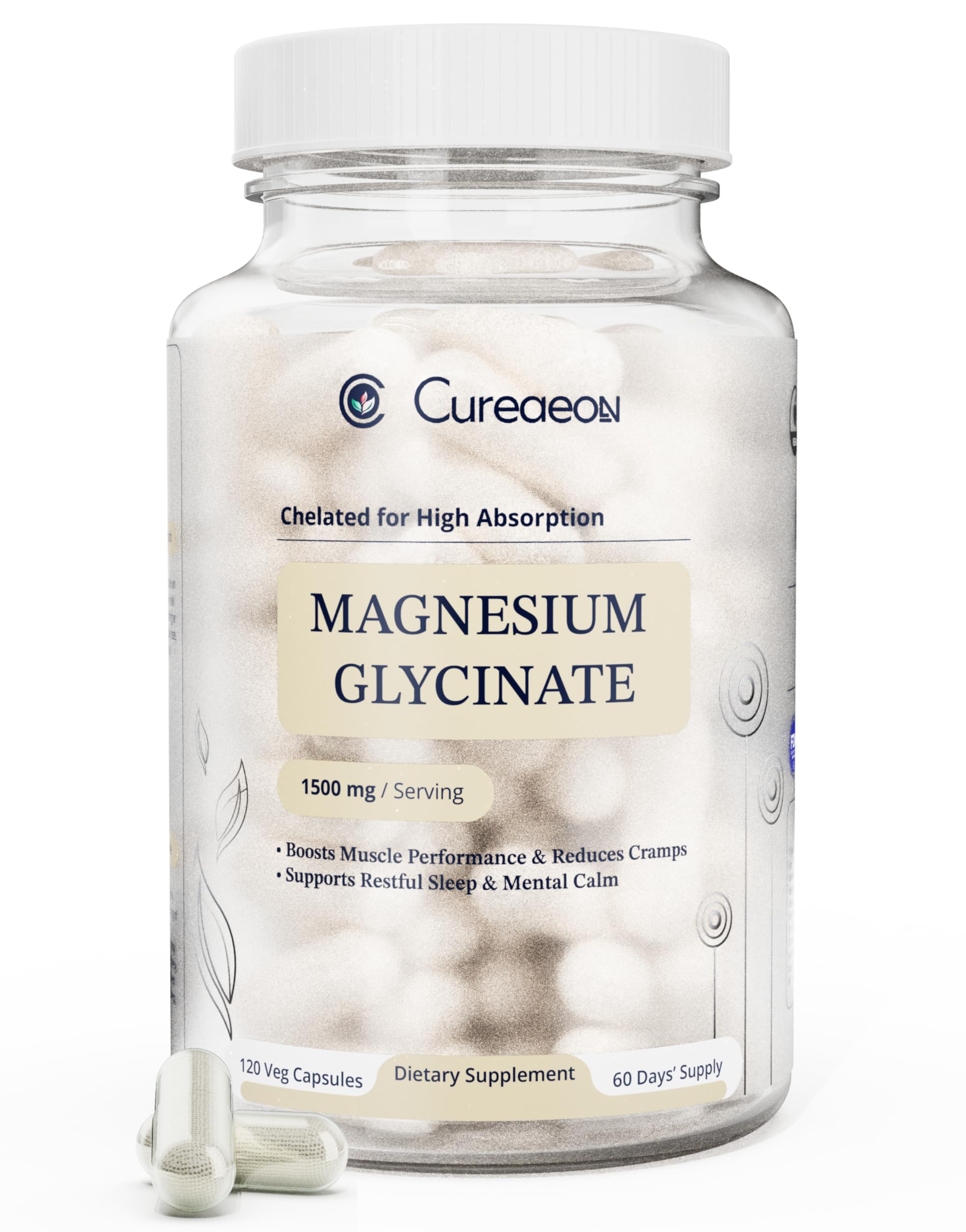 Cureaeon Magnesium Glycinate 1500mg – High Absorption Magnesium Supplement for Muscle Relaxation, Stress Relief, Sleep, Bone & Heart Health – Gentle on Stomach, 90 Veg Capsules