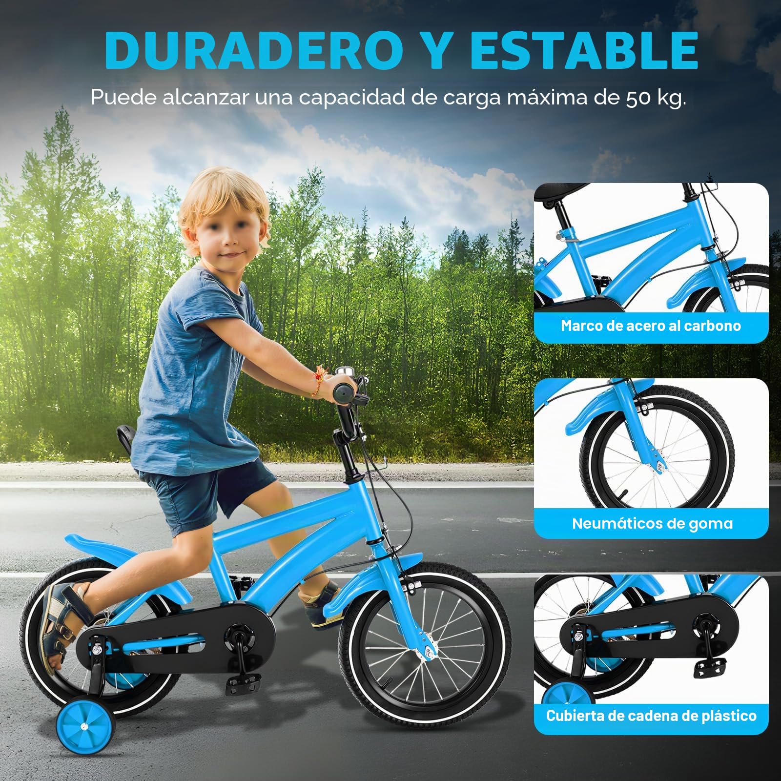 Bicicleta infantil de 14 pulgadas, bicicleta a partir de 3 – 6 años para niña, color blanco, bicicleta infantil con guardabarros y freno delantero y trasero combinado, de acero al carbono de