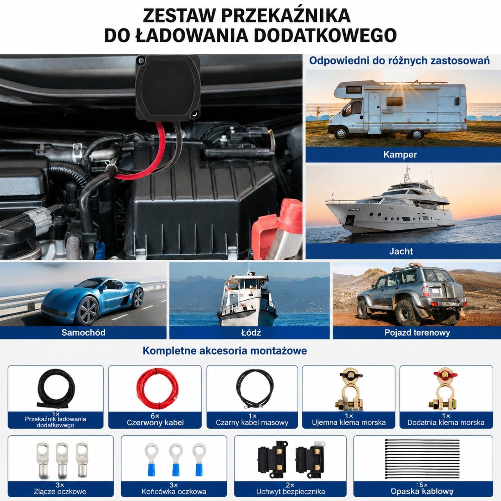 Zestaw przekaźnika rozdzielającego z przewodami, przewodem masowym i uchwytami bezpieczników do kampera, ATV, UTV i ciężarówki