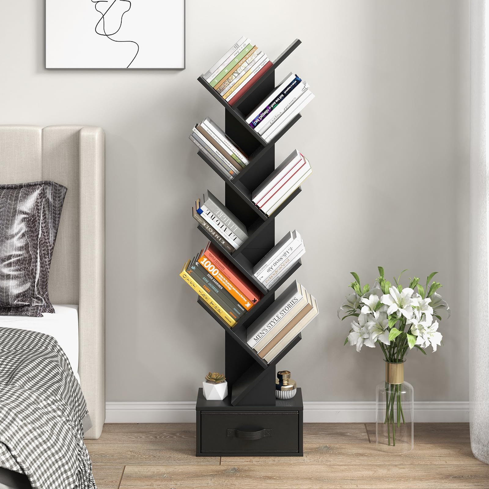 GIANTEX Libreria ad Albero, a 8 Ripiani, Scaffale per Libri con Cassetto Rimovibile, Design di Antiribaltamento, Organizzazione per CD, Riviste, Libri, 38x20x149,5 cm, 4 Colori (Nero)