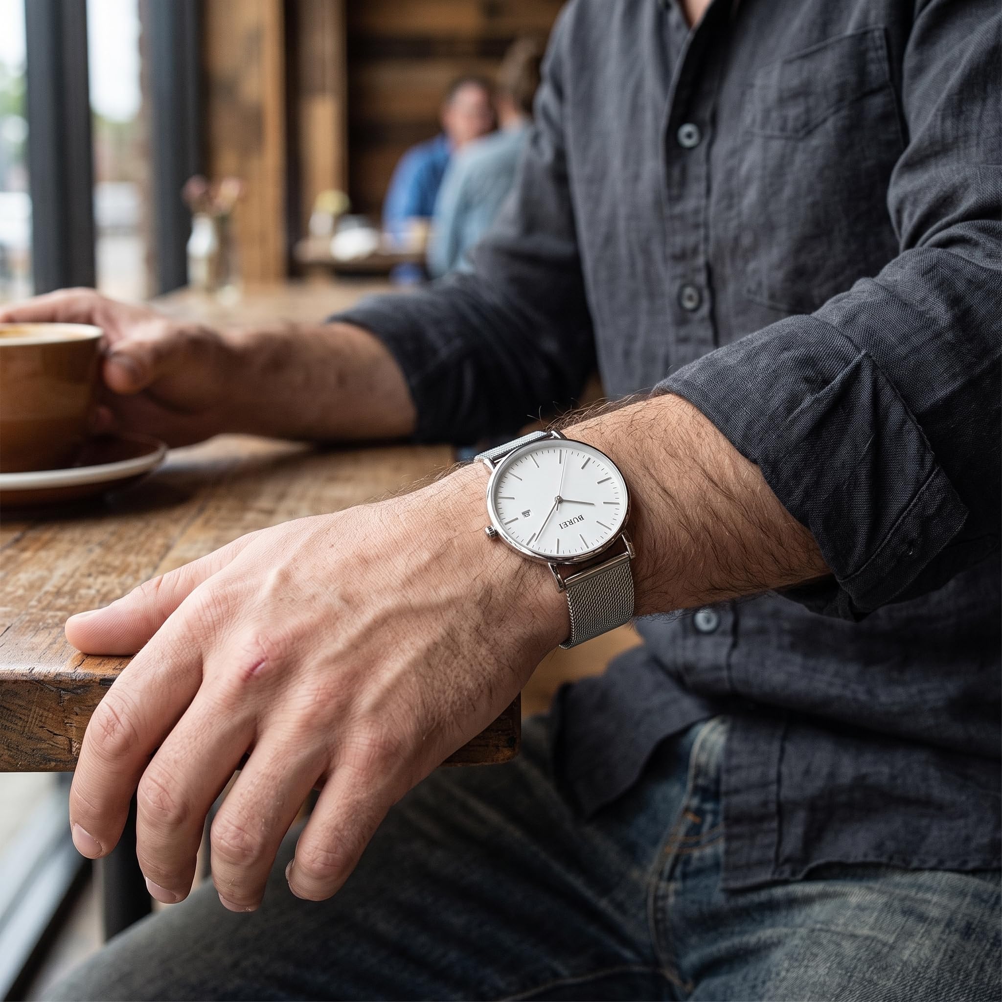 Burei - Reloj de Pulsera analógico Minimalista para Hombre, con Fecha Gris y Banda de Malla milanesa Negra (Todo Plateado)